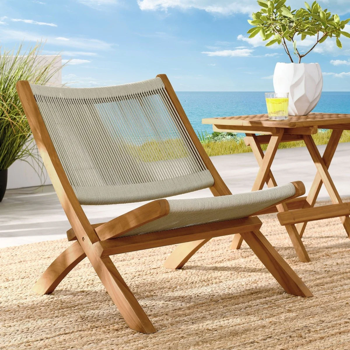 Teak and Rope Folding Accent Lounge Chair for Outdoor and Indoor Portable Seating - Image 20