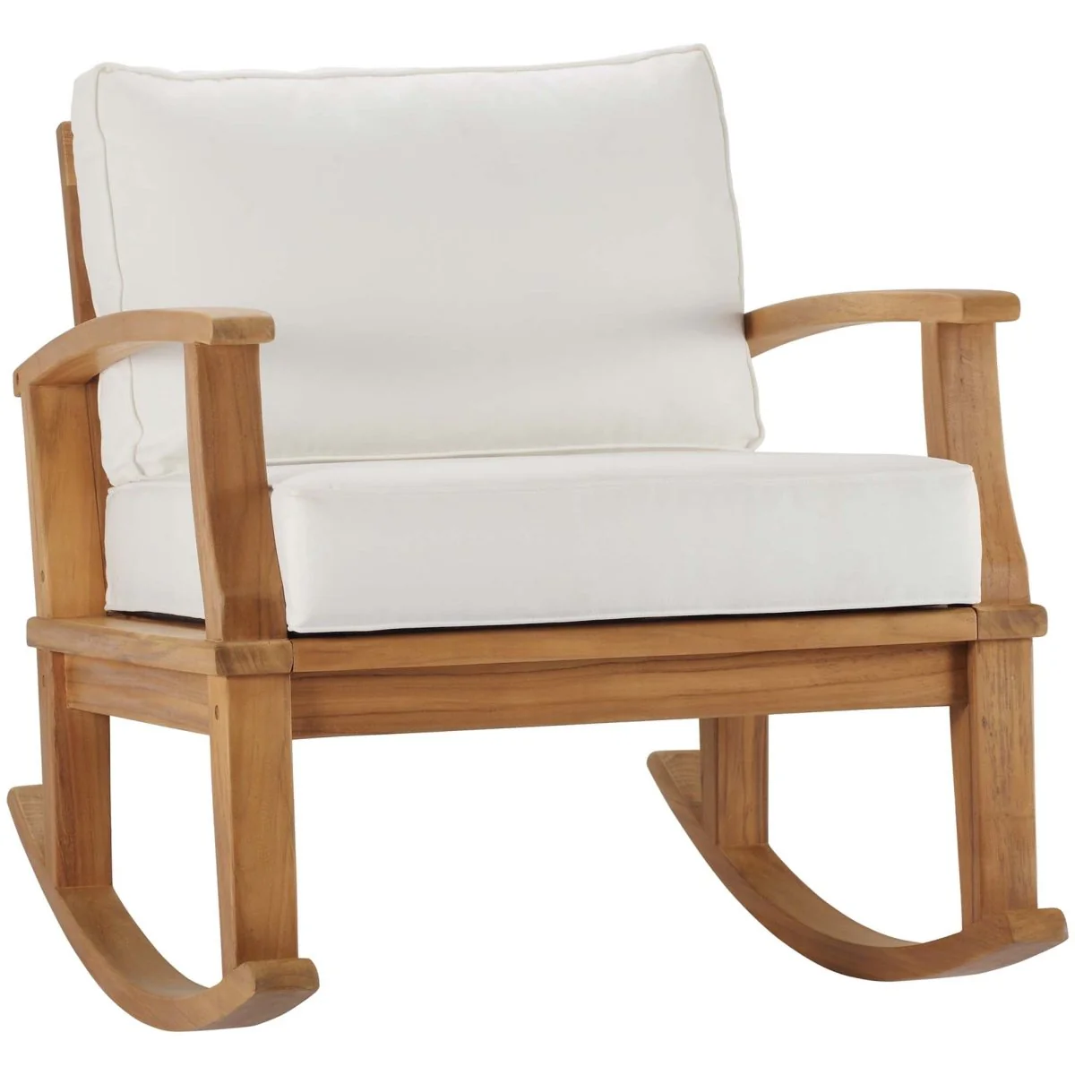 Teak Wood Outdoor Patio Rocking Chair with Cushioned Seat and Slatted Back