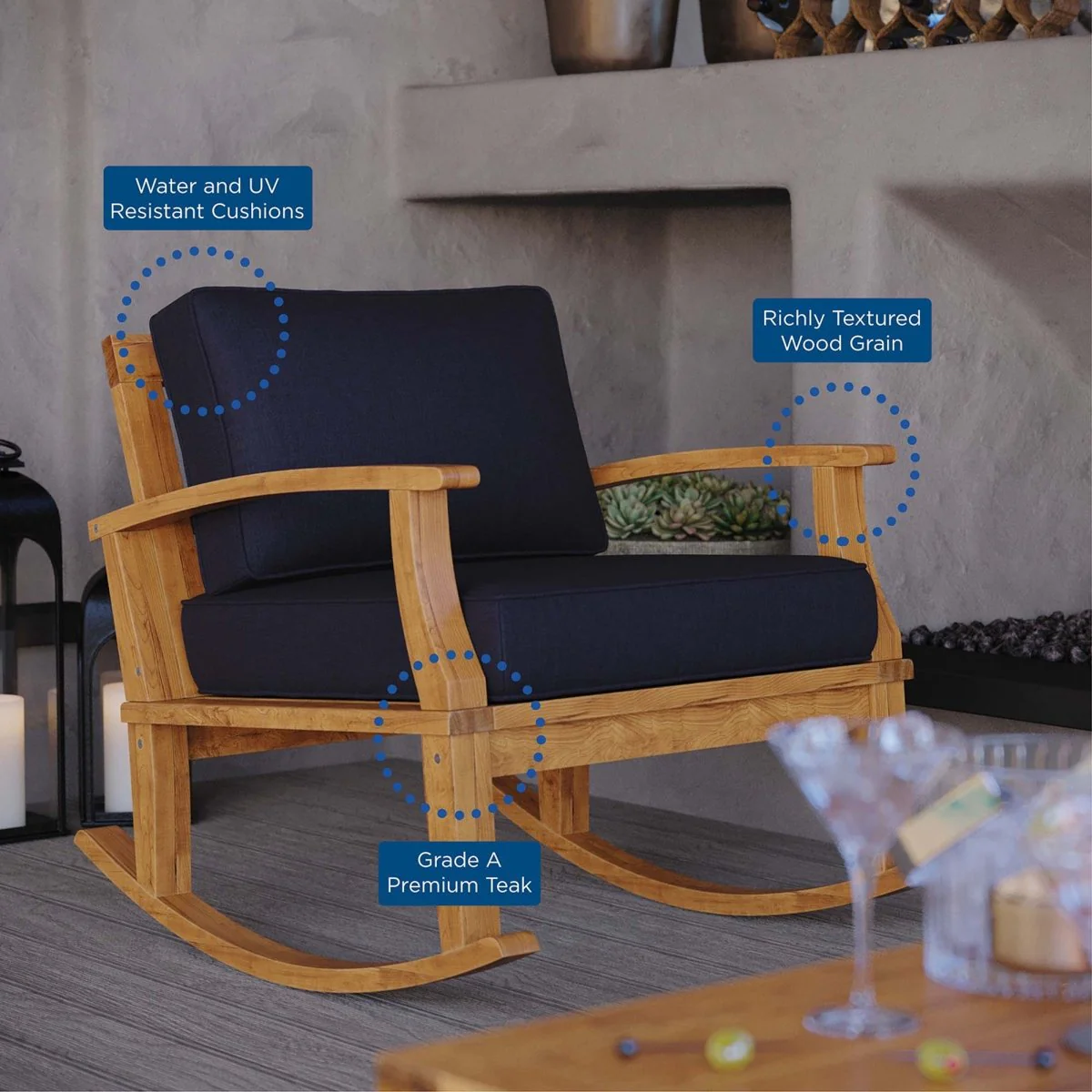 Teak Wood Outdoor Patio Rocking Chair with Cushioned Seat and Slatted Back - Image 10