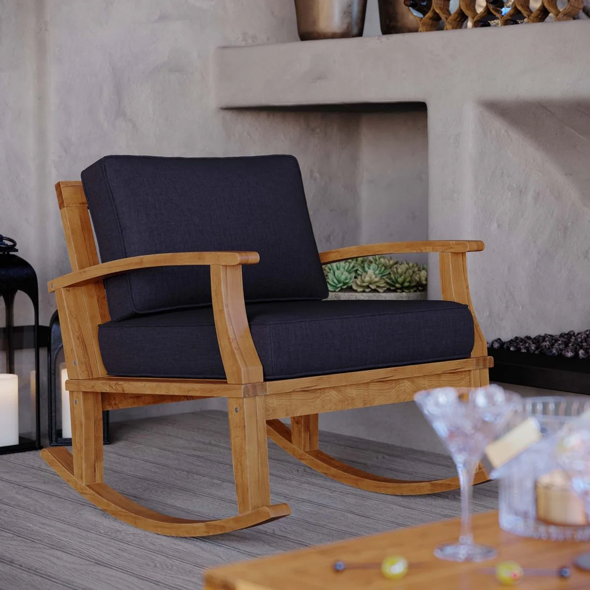 Teak Wood Outdoor Patio Rocking Chair with Cushioned Seat and Slatted Back - Image 16
