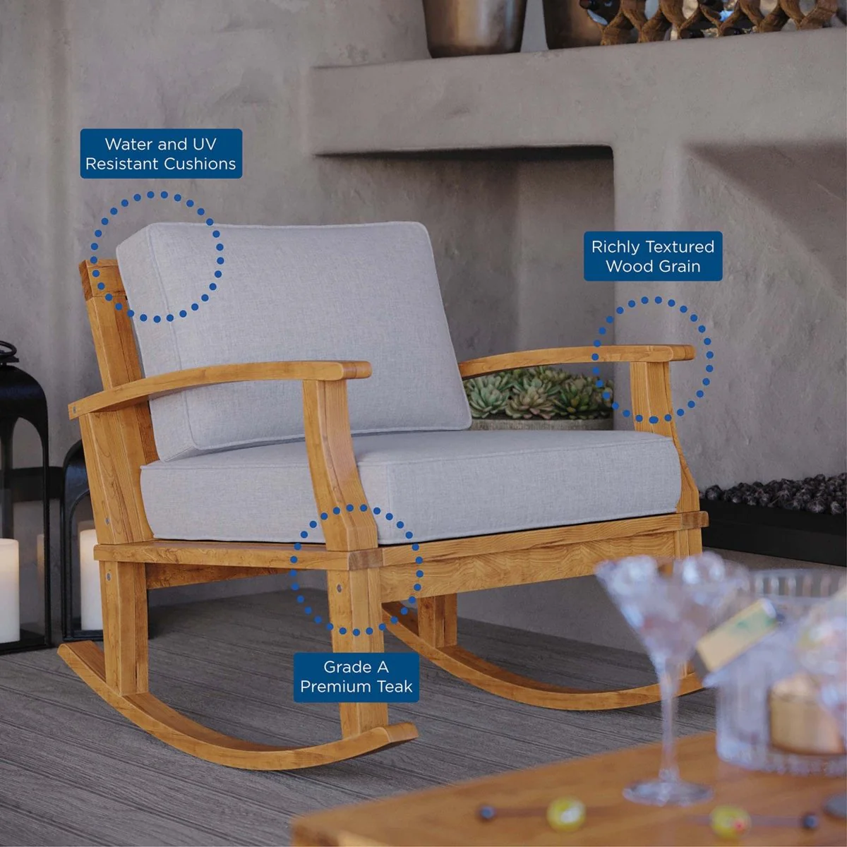Teak Wood Outdoor Patio Rocking Chair with Cushioned Seat and Slatted Back - Image 18
