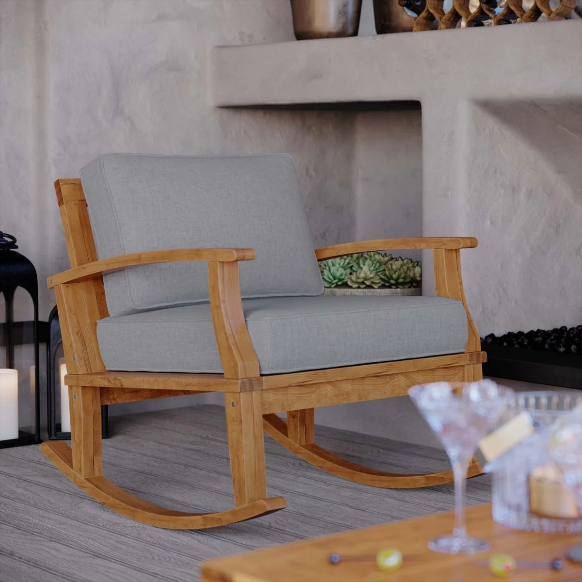 Teak Wood Outdoor Patio Rocking Chair with Cushioned Seat and Slatted Back - Image 24