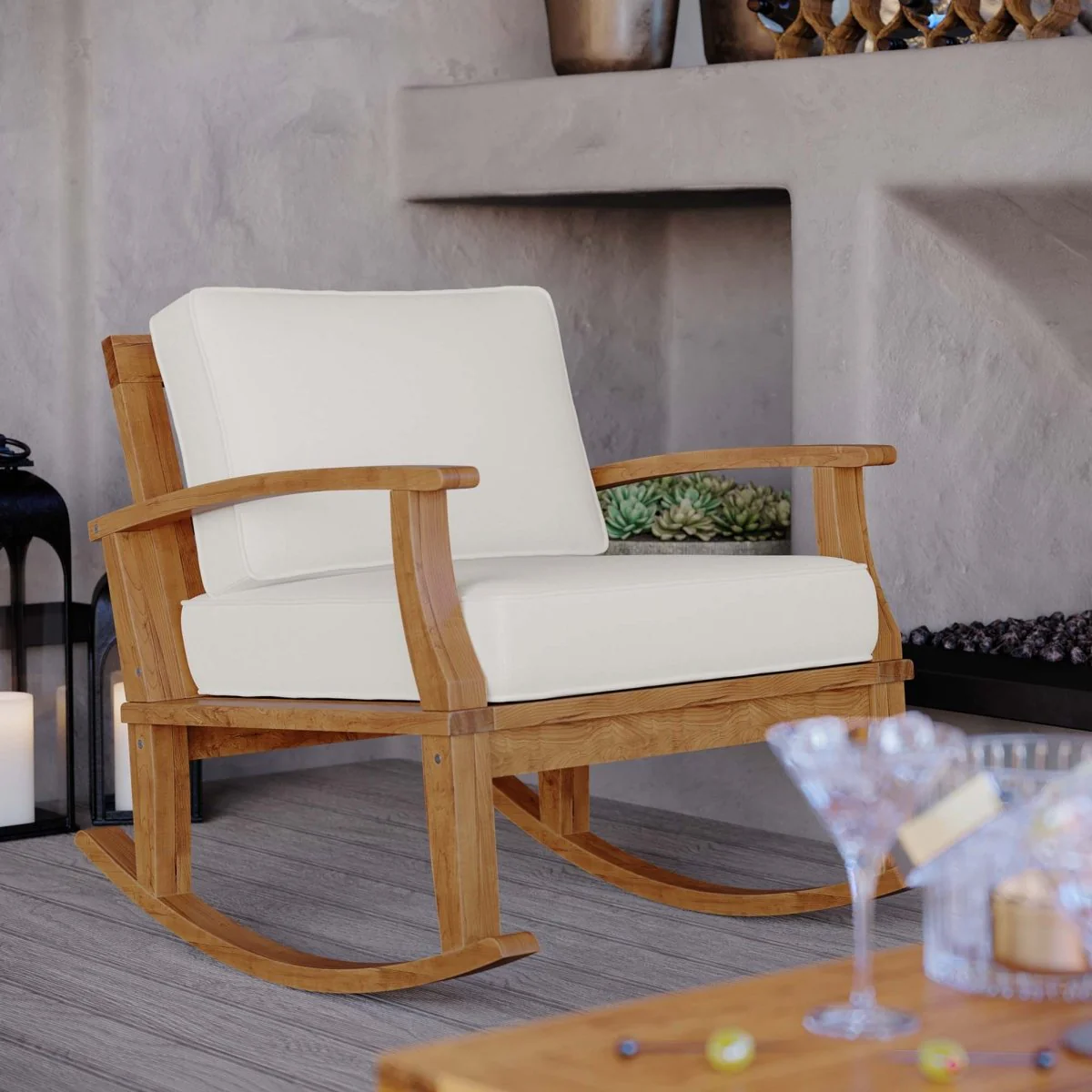 Teak Wood Outdoor Patio Rocking Chair with Cushioned Seat and Slatted Back - Image 8