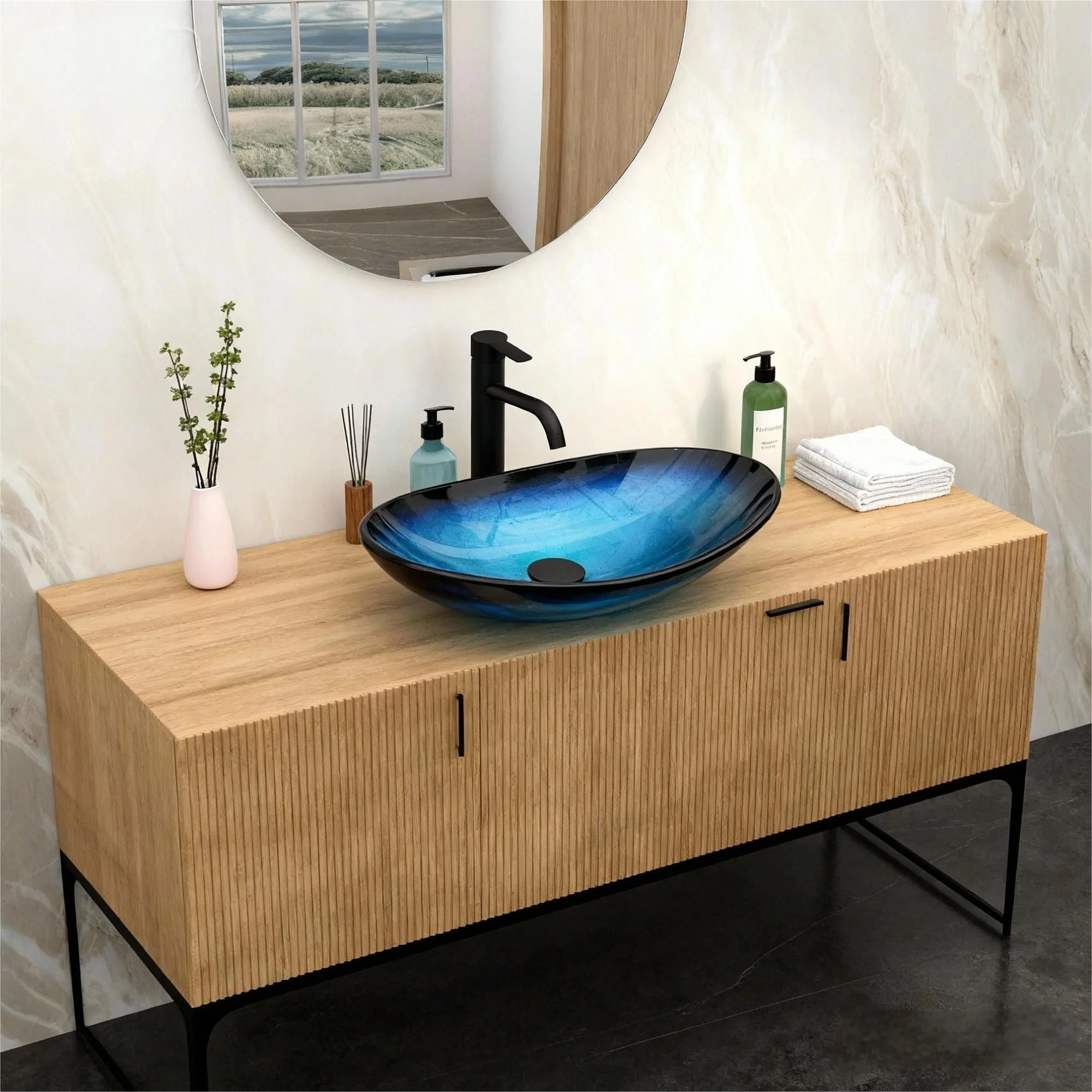 Tempered Glass Vessel Sink With Boat Shape Pop-Up Drain - Image 14