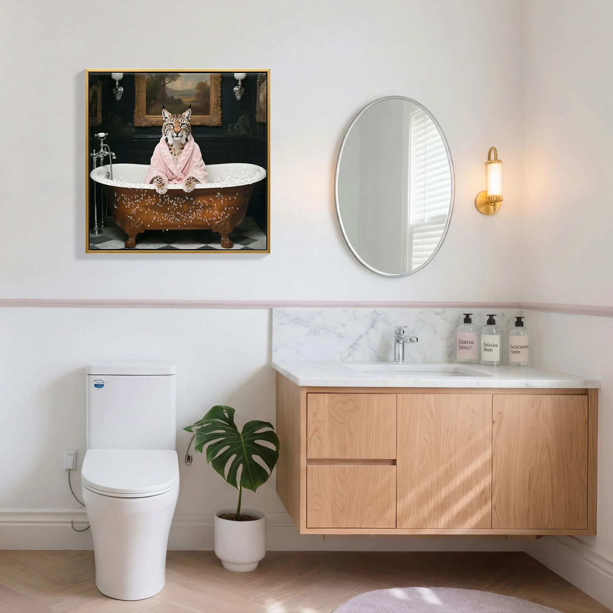 Tiger In Bathtub Wall Art Print Poster, Bathroom Decor Posters Prints For Restroom - Pink / White - Image 6