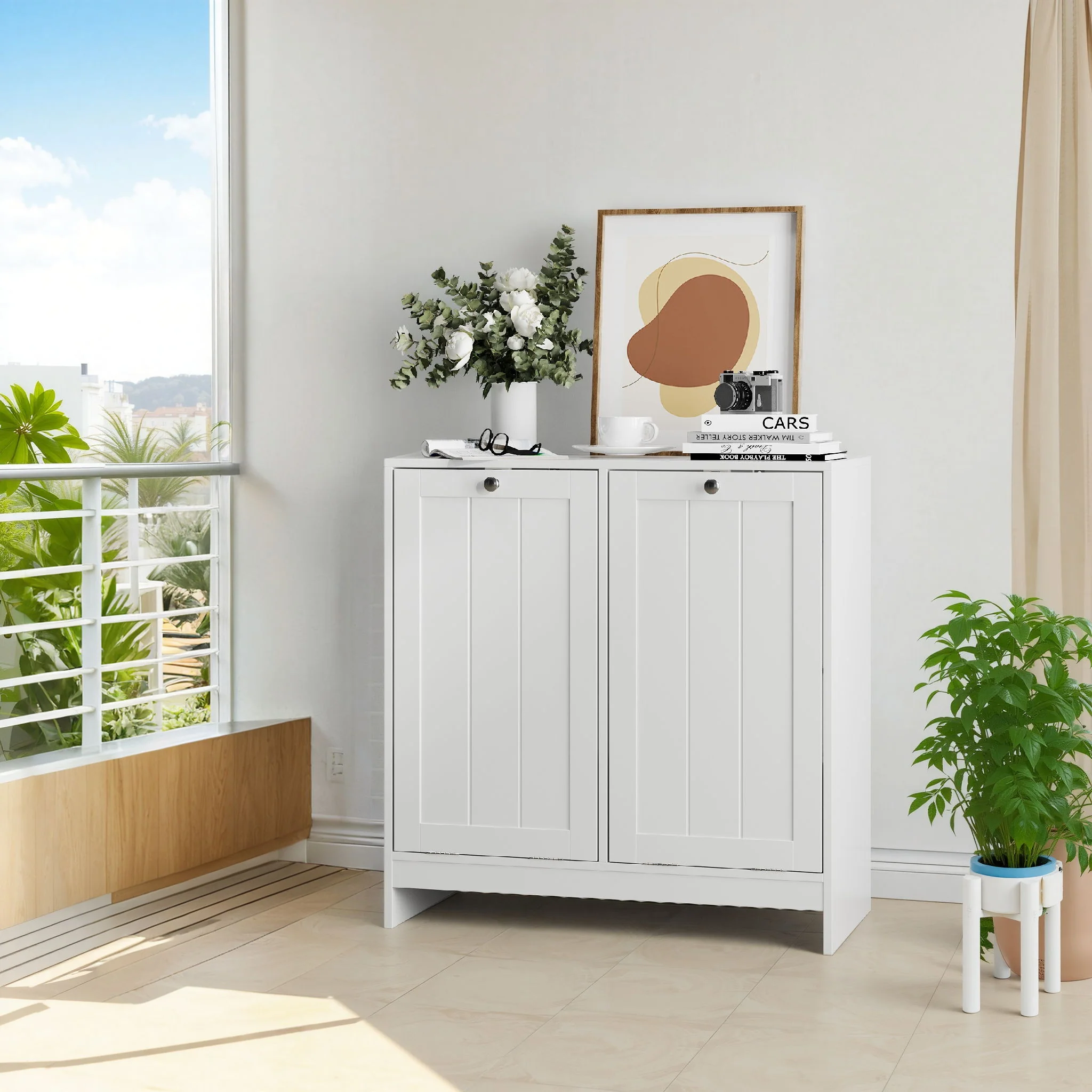 Tilted Laundry Hamper With Removable Basket, Hidden Storage Cabinet, Home Organizer For Bathroom - White - Image 4