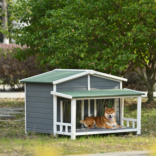 TimberPaws 47in Outdoor Wooden Dog House with Porch - Image 2