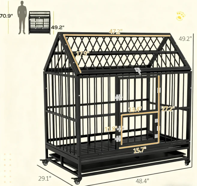 Titan 48-Inch Heavy Duty Steel Dog Crate with Pointed Roof and Lockable Wheels - Image 3