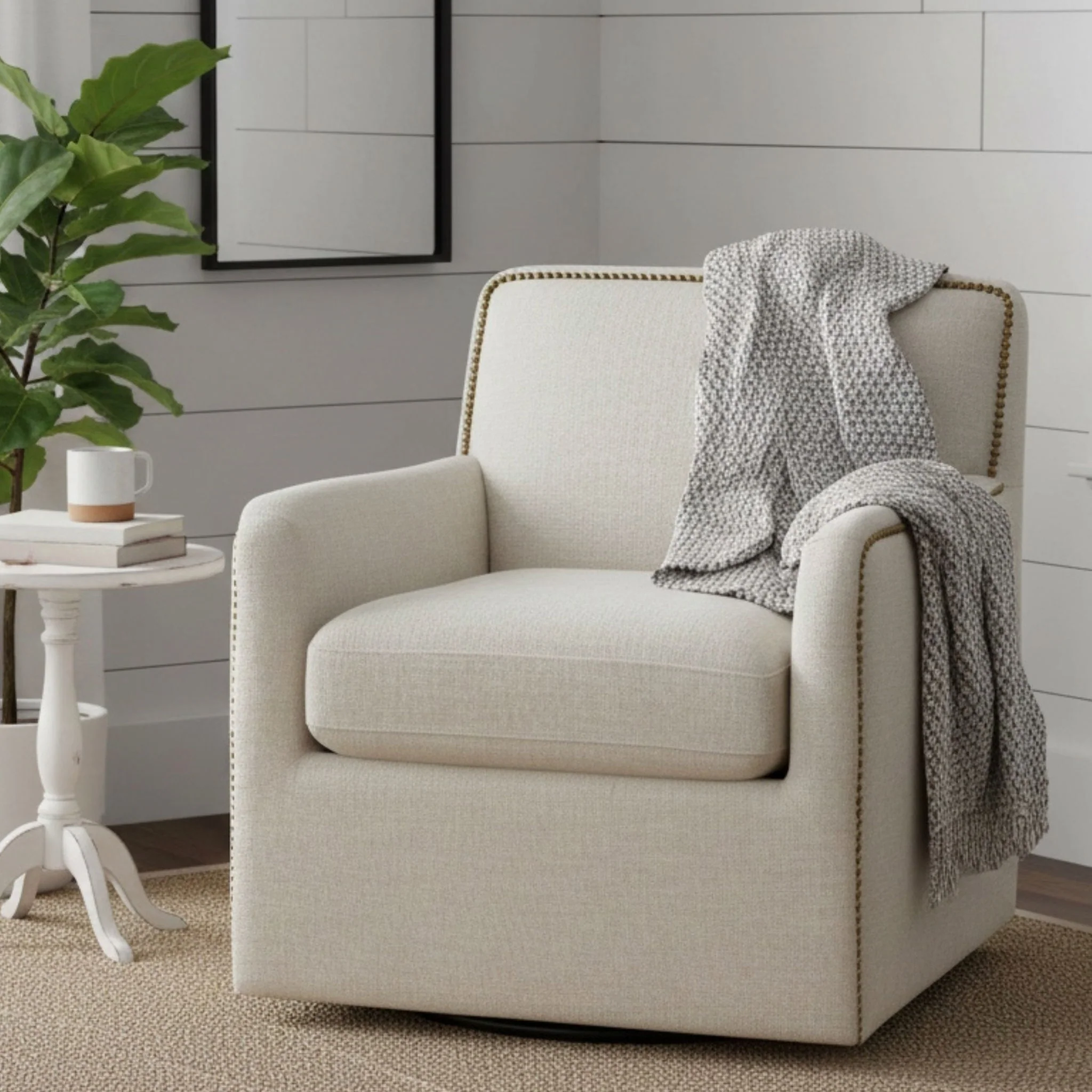 Tolland - Swivel Accent Chair With Antique Brass Nailhead Trim - Beige - Image 5