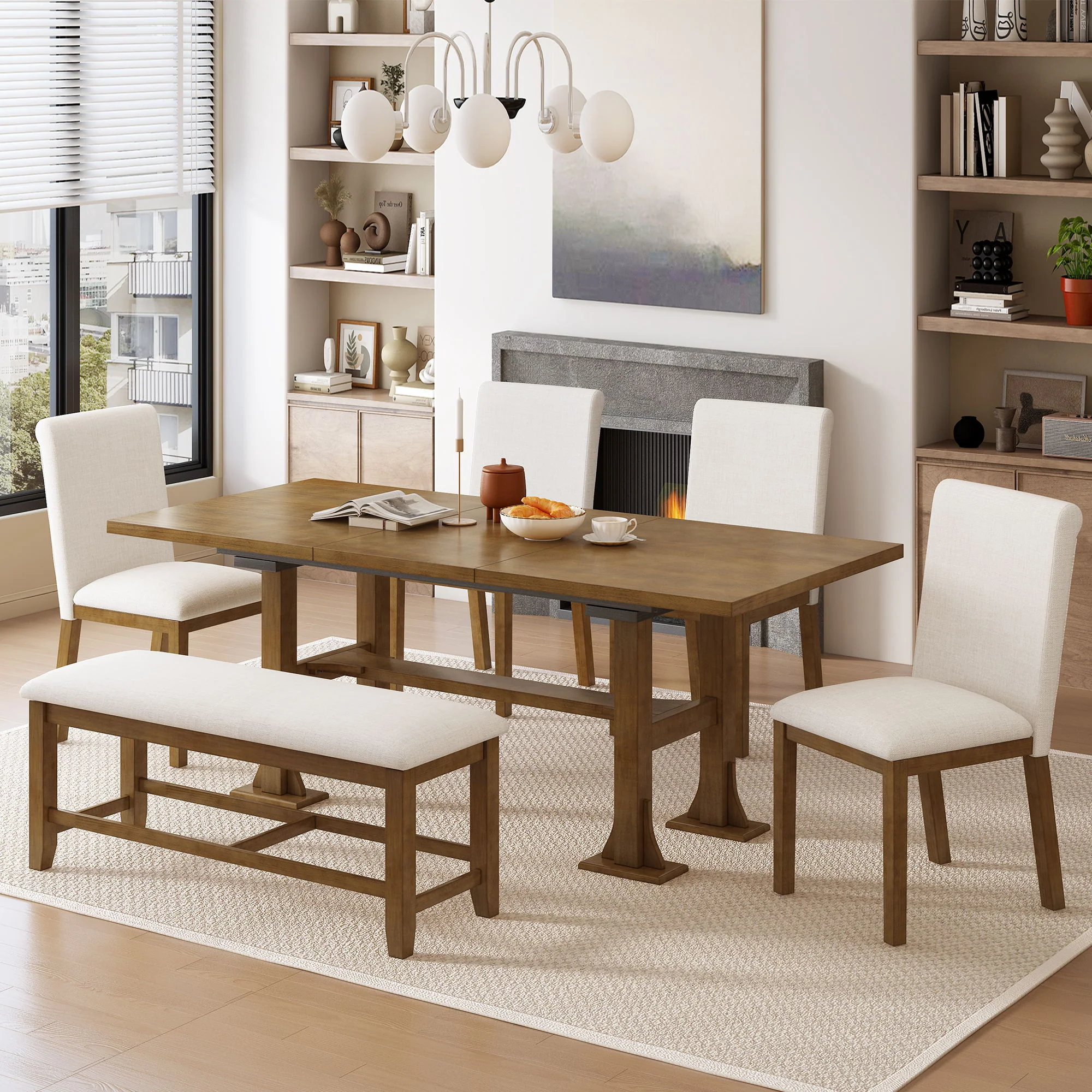 Topmax - 6 Piece Farmhouse Extendable Dining Table Set Trestle Kitchen Table Set With Removable Leaf And Upholstered Dining Chair And Bench For Dining Room - Image 14
