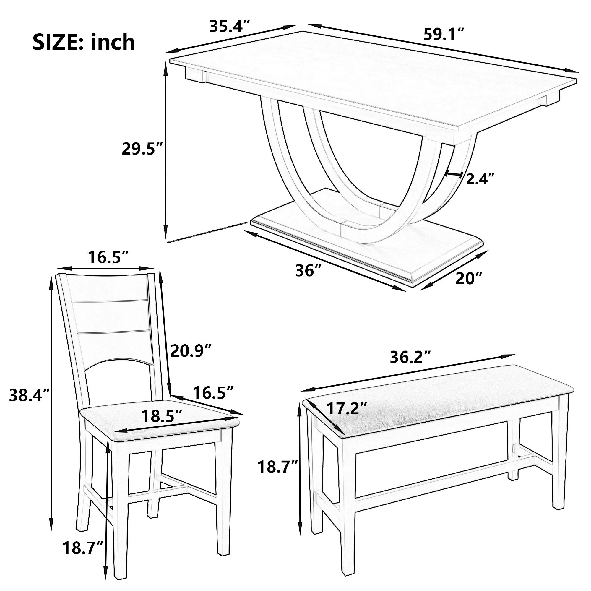 Topmax - 6 Piece Wood Half Round Dining Table Set Kitchen Table Set With Long Bench And 4 Dining Chairs, Modern Style - Image 7