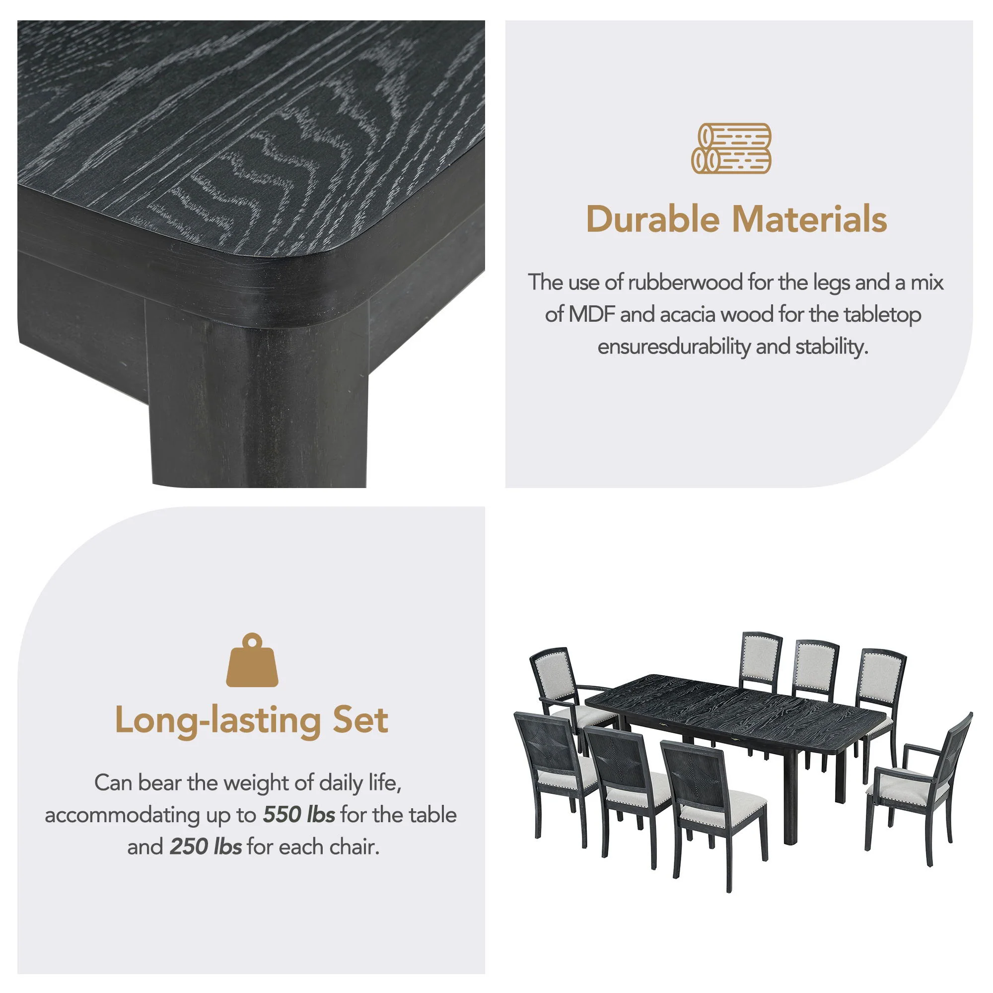 Topmax - Rustic Extendable Dining Table Set With Removable Leaf, 6 Upholstered Armless Dining Chairs And 2 Padded Arm Chairs, 9 Pieces - Image 15