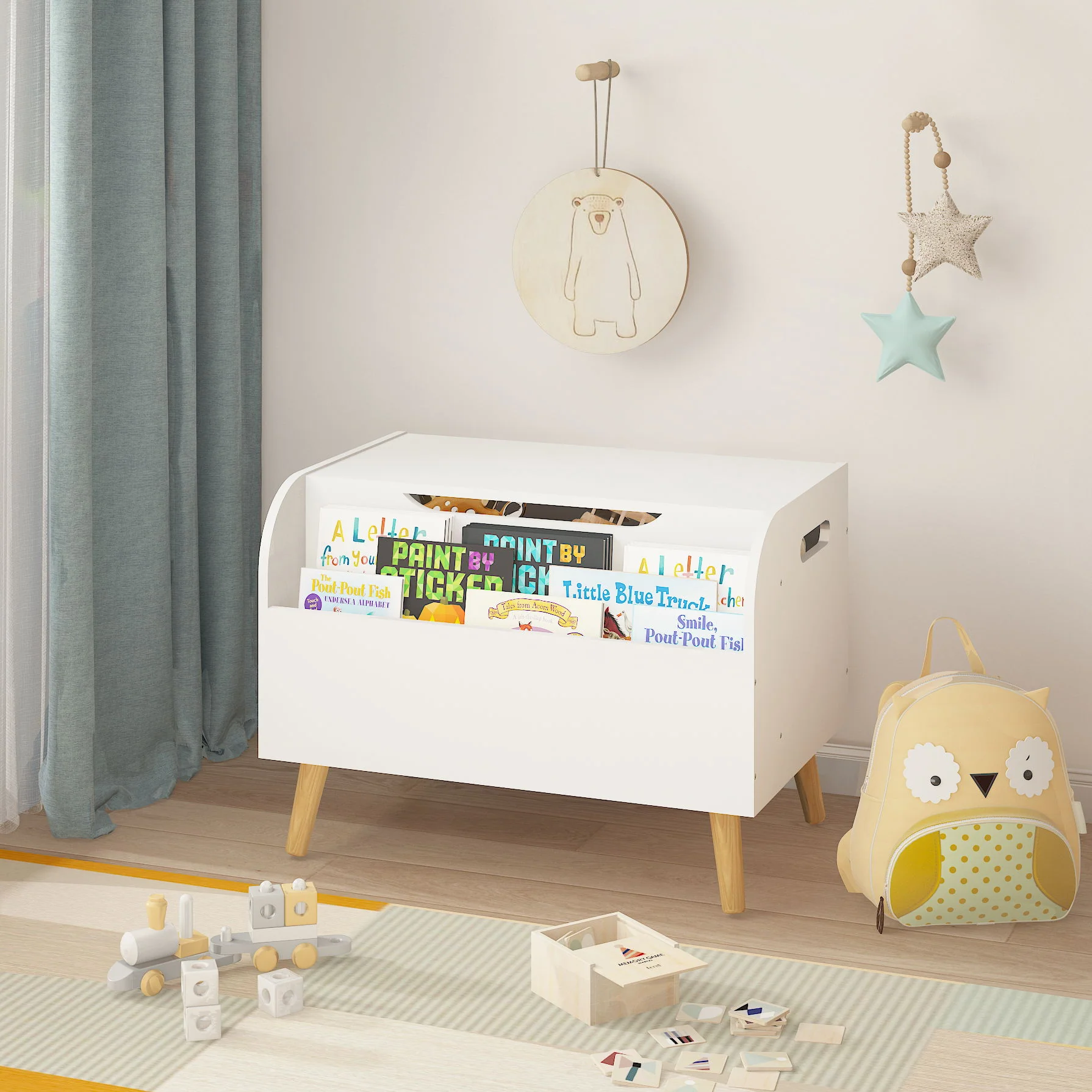 Toy Box With Front Bookshelf, Flip Top Lid, Safety Hinge For Kids Room Organization - White - Image 7