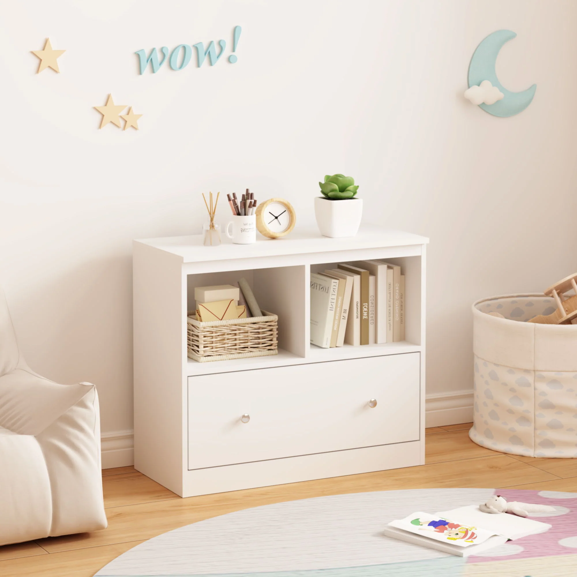 Toy Storage Organizer With Large Drawer And Low Bookshelf For Nursery & Playroom - White - Image 6