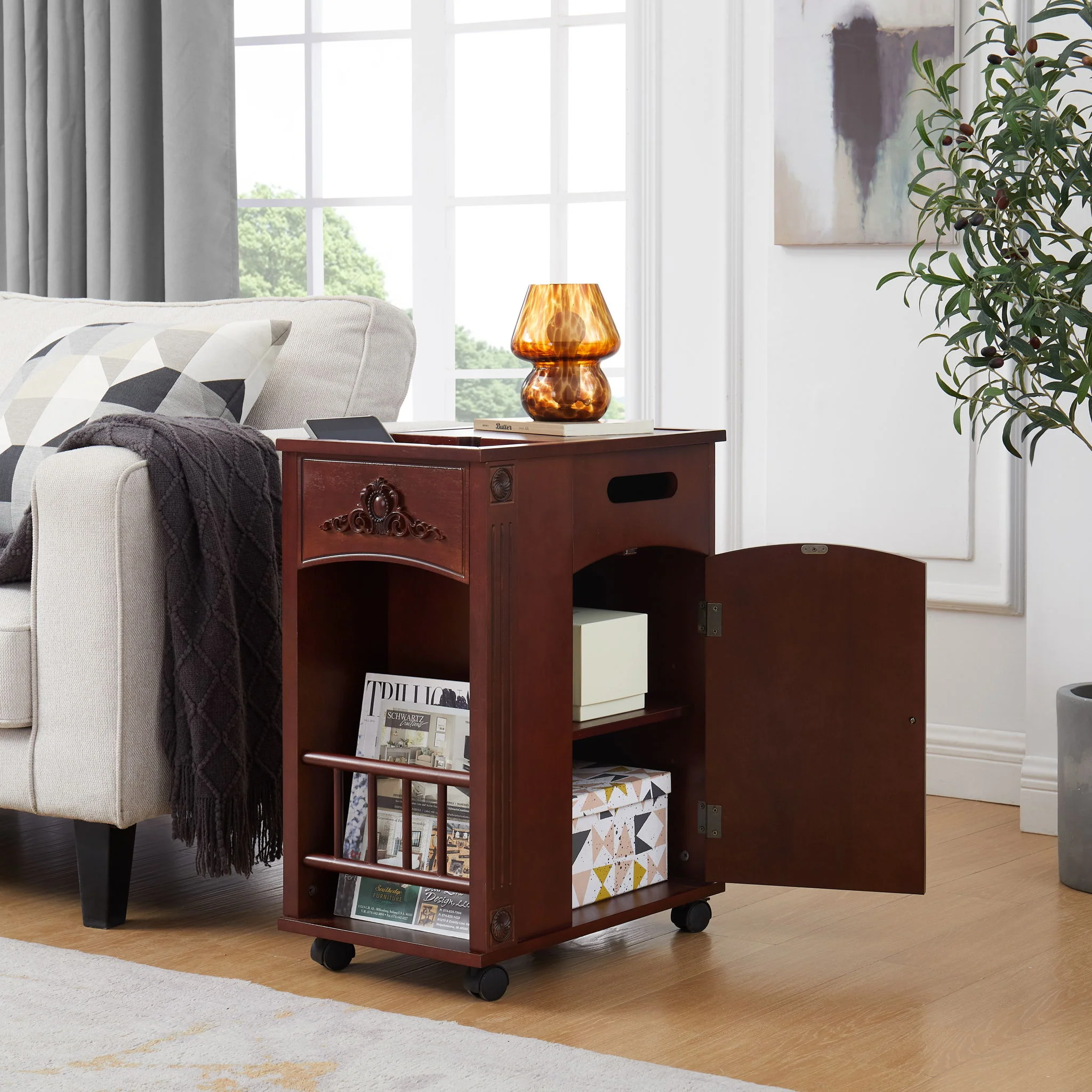 Traditional End Table With Charging Station, Narrow Side Table With USB Ports And Outlets - Red Walnut - Image 5