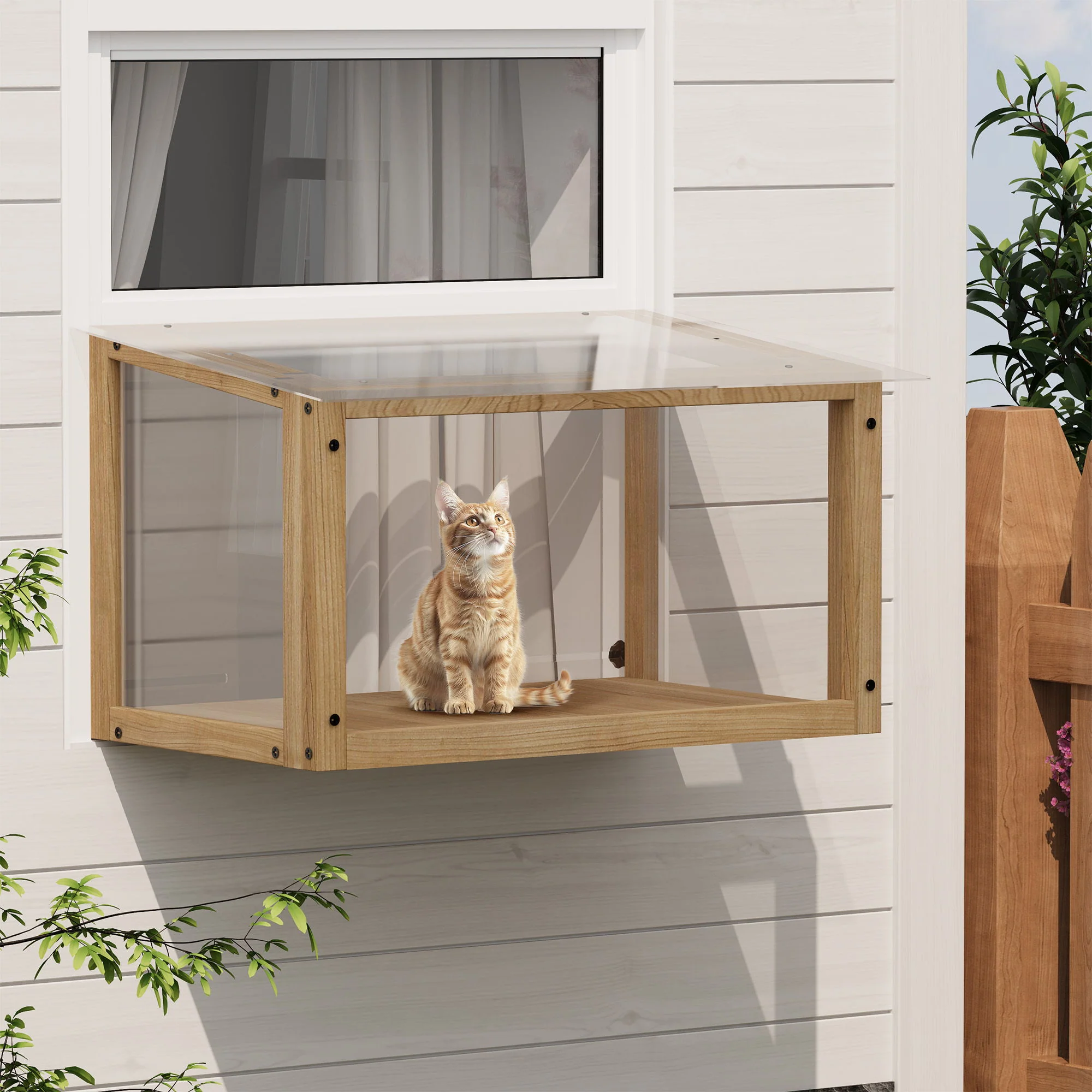 Transparent Acrylic Window Cat Perch Catio Cat Window Box - Natural Wood / Transparent - Image 4