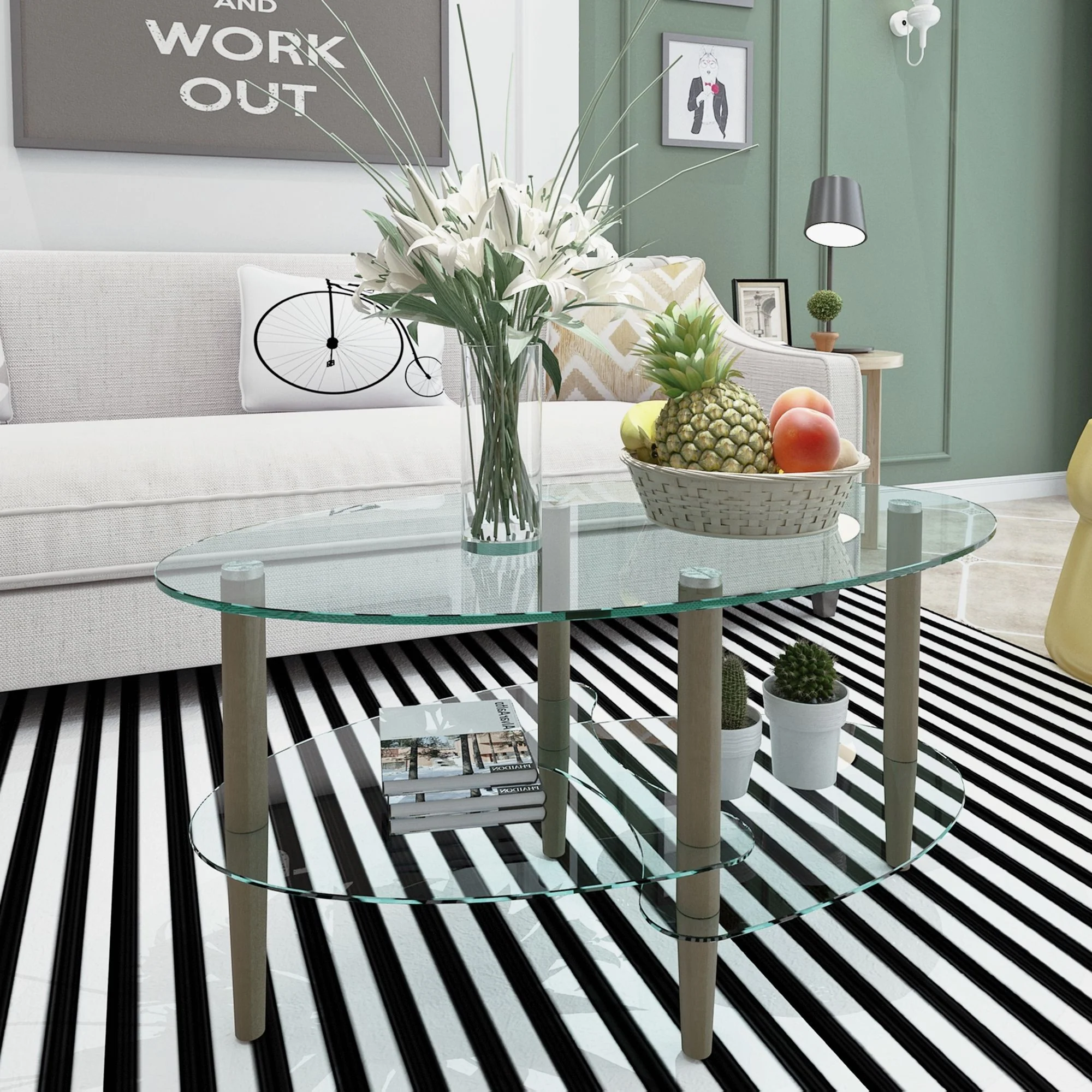 Transparent Oval Glass Coffee Table, Modern Table In Living Room Oak Wood Leg Tea Table 3-Layer Glass Table - Image 13