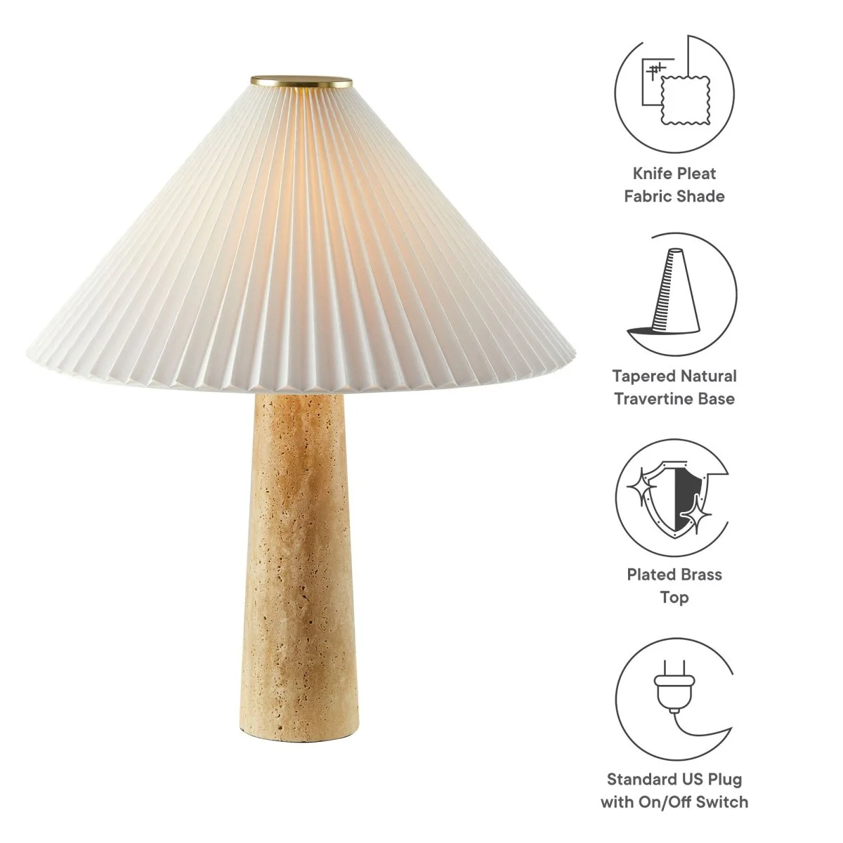 Travertine Stone Table Lamp with Pleated Fabric Shade – Natural - Image 3