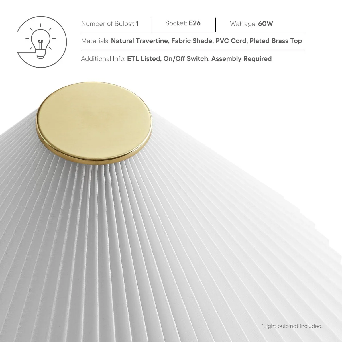 Travertine Stone Table Lamp with Pleated Fabric Shade – Natural - Image 4