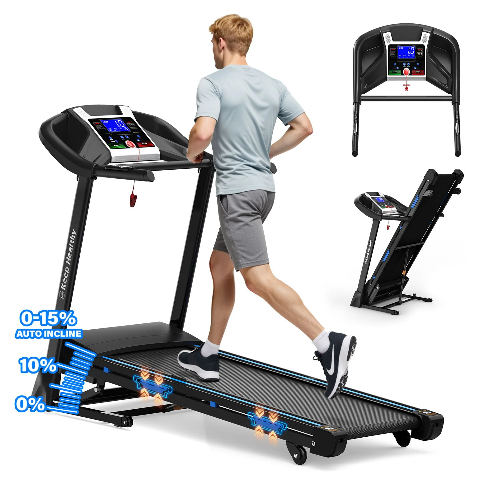 Treadmills For Home, Electric Treadmill With Automatic Incline, Foldable 3.5Hp Workout Running Machine Walking, Double Running Board Shock Absorption Pulse Sensor Bluetooth Speaker App Fitshow - Black - Image 6