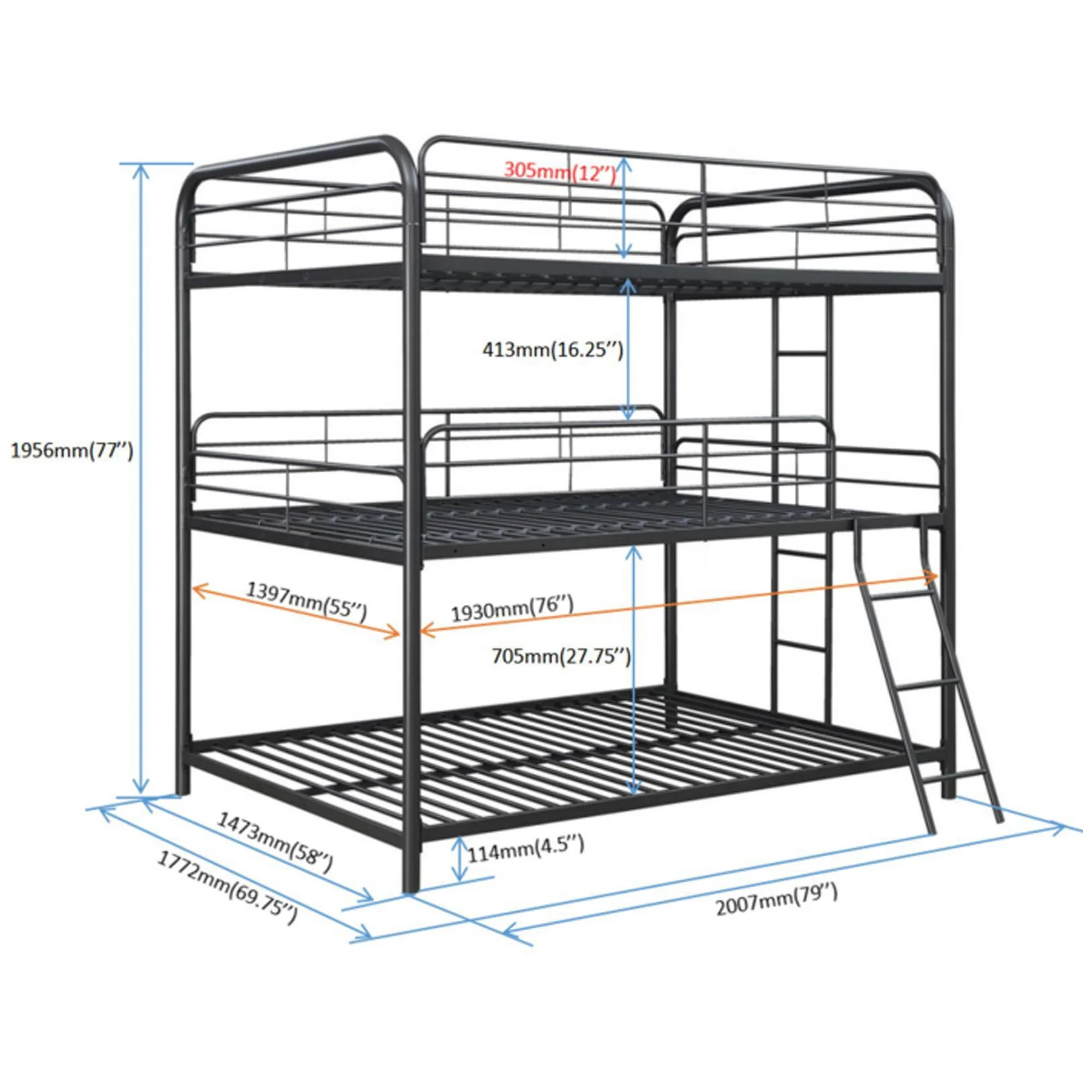 Triple Bunk Bed, Full Size With Sturdy Metal Frame And Safe Stairs - Black - Image 5