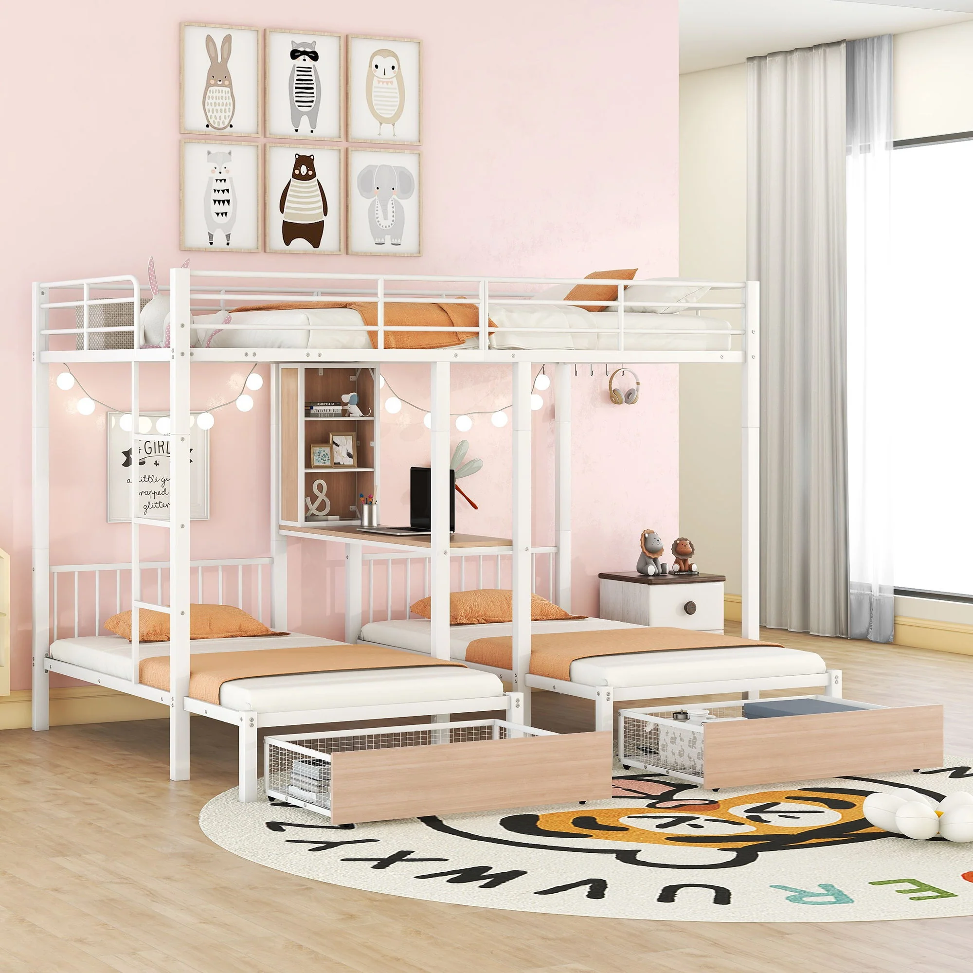 Triple Bunk Bed With Drawers, Multi-Functional Frame With Desks And Shelves In The Middle - Image 2