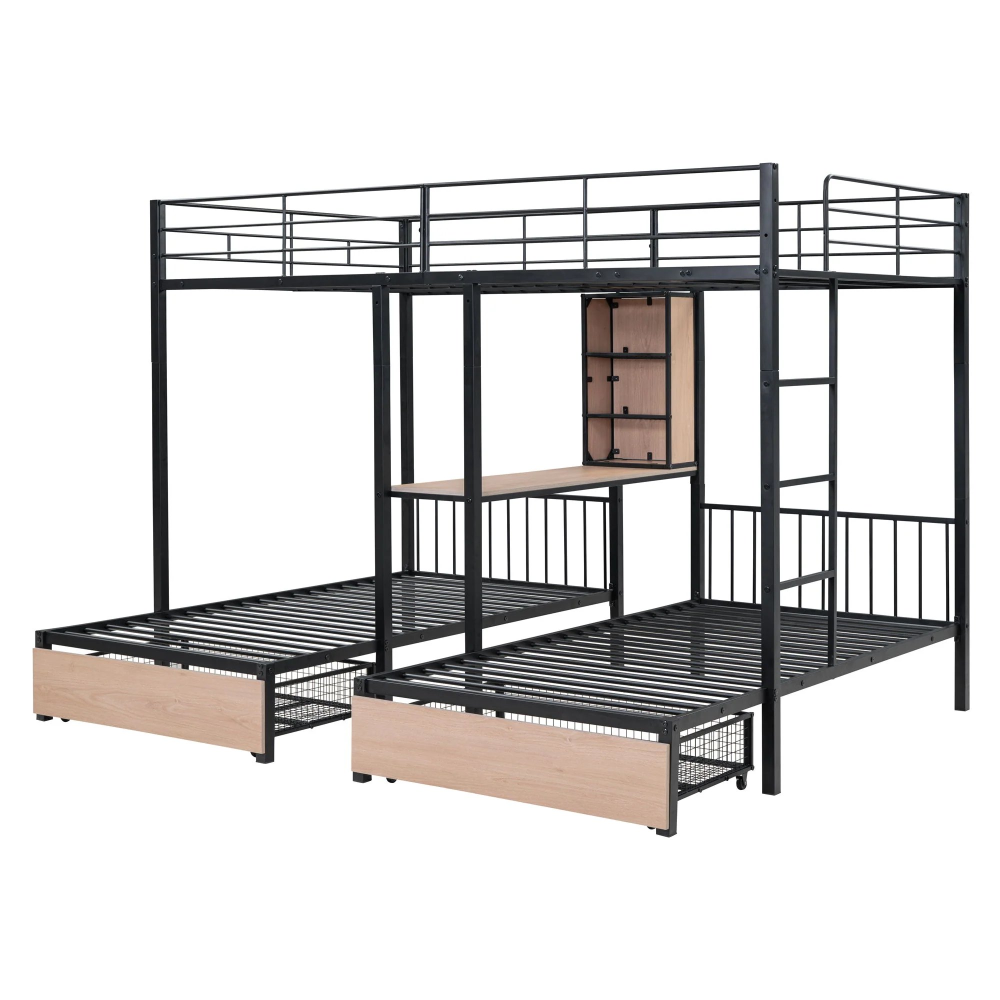 Triple Bunk Bed With Drawers, Multi-Functional Frame With Desks And Shelves In The Middle - Image 3