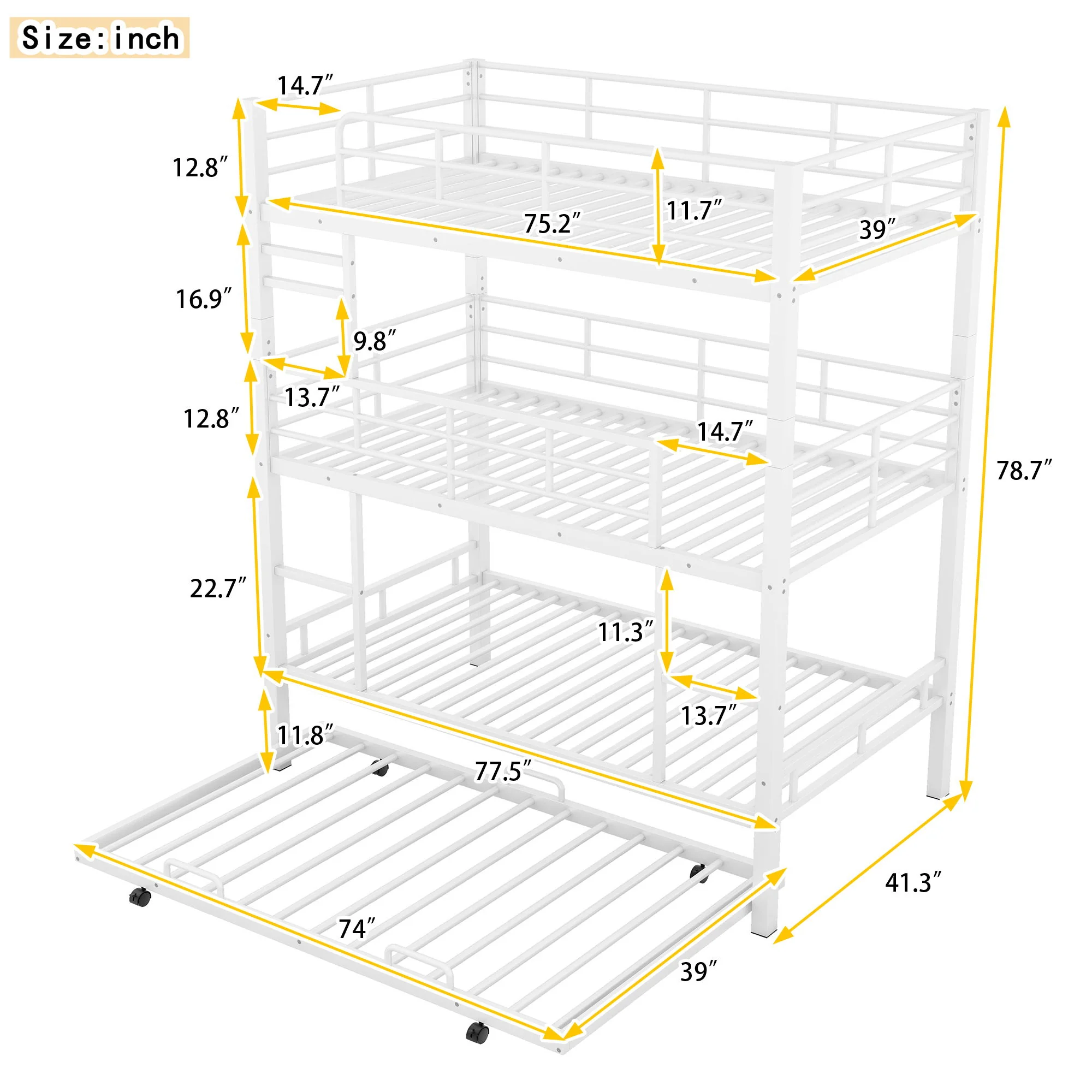 Triple Bunk Bed With Trundle, Heavy Duty Steel Construction - Image 4