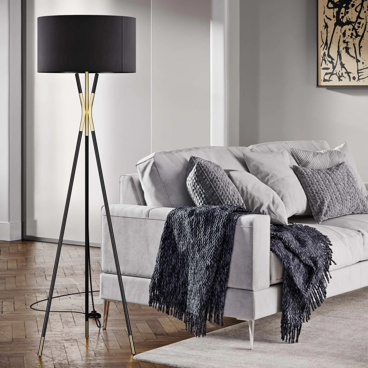 60" Tripod Standing Floor Lamp with Fabric Shade – Black - Image 4