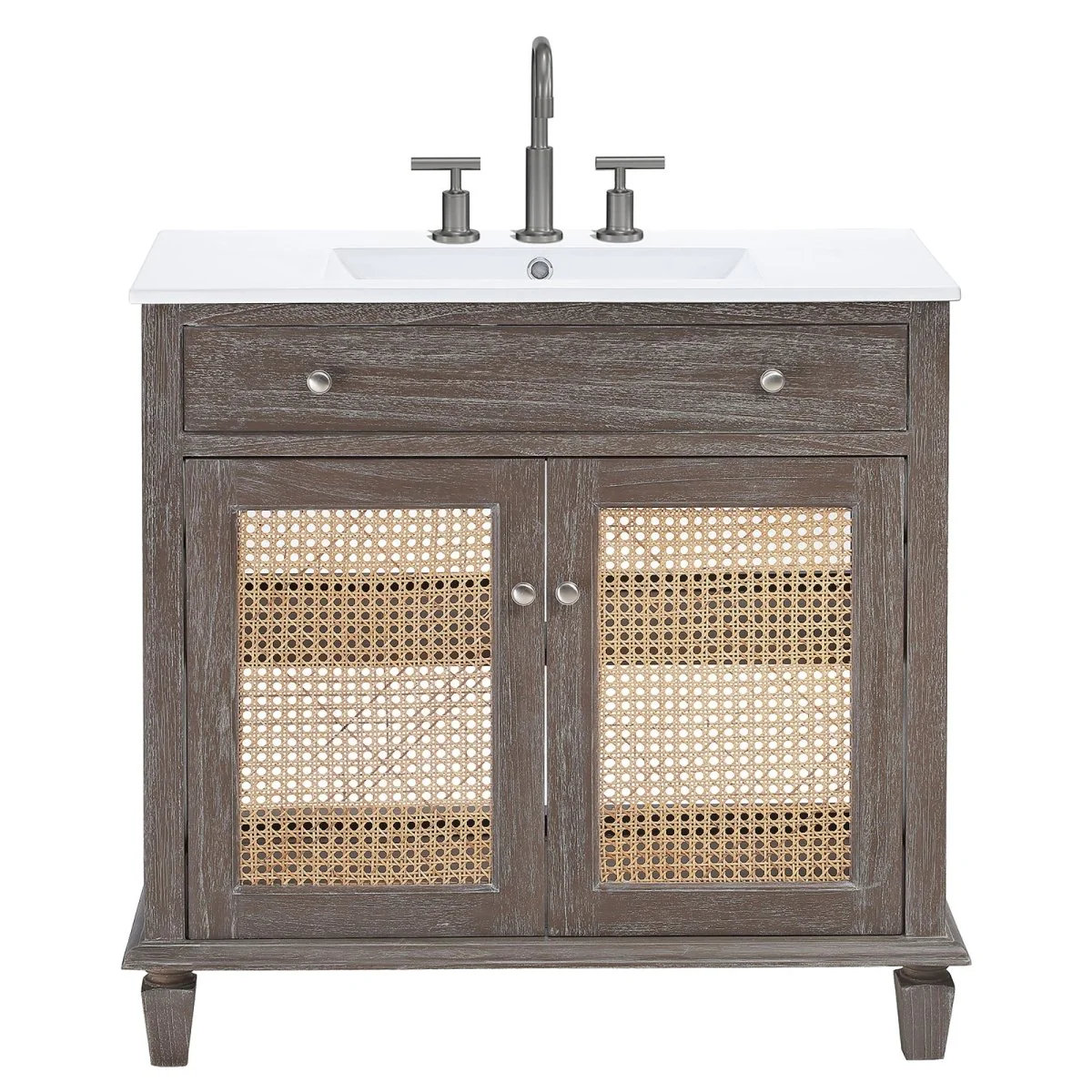 Tropical Wood Bathroom Vanity with Rattan Doors — Coastal Style Rattan Storage Cabinet - Image 17