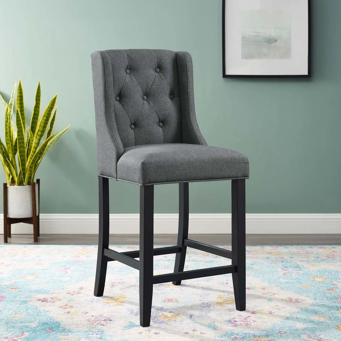 Tufted Button Fabric Counter Stool – Solid Wood 42 Inch - Image 7