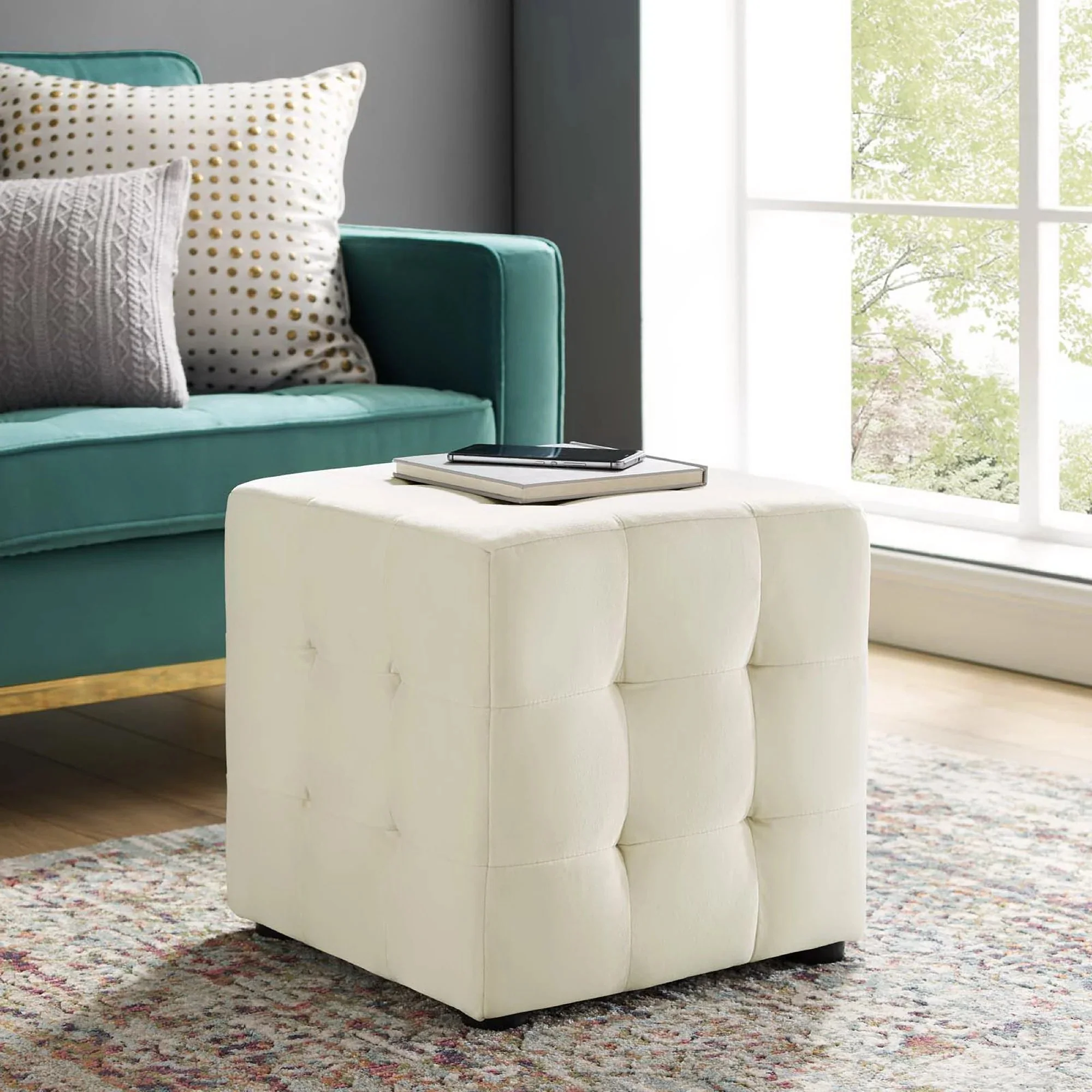Tufted Cube Velvet Ottoman – 15 Inch Upholstered - Image 12