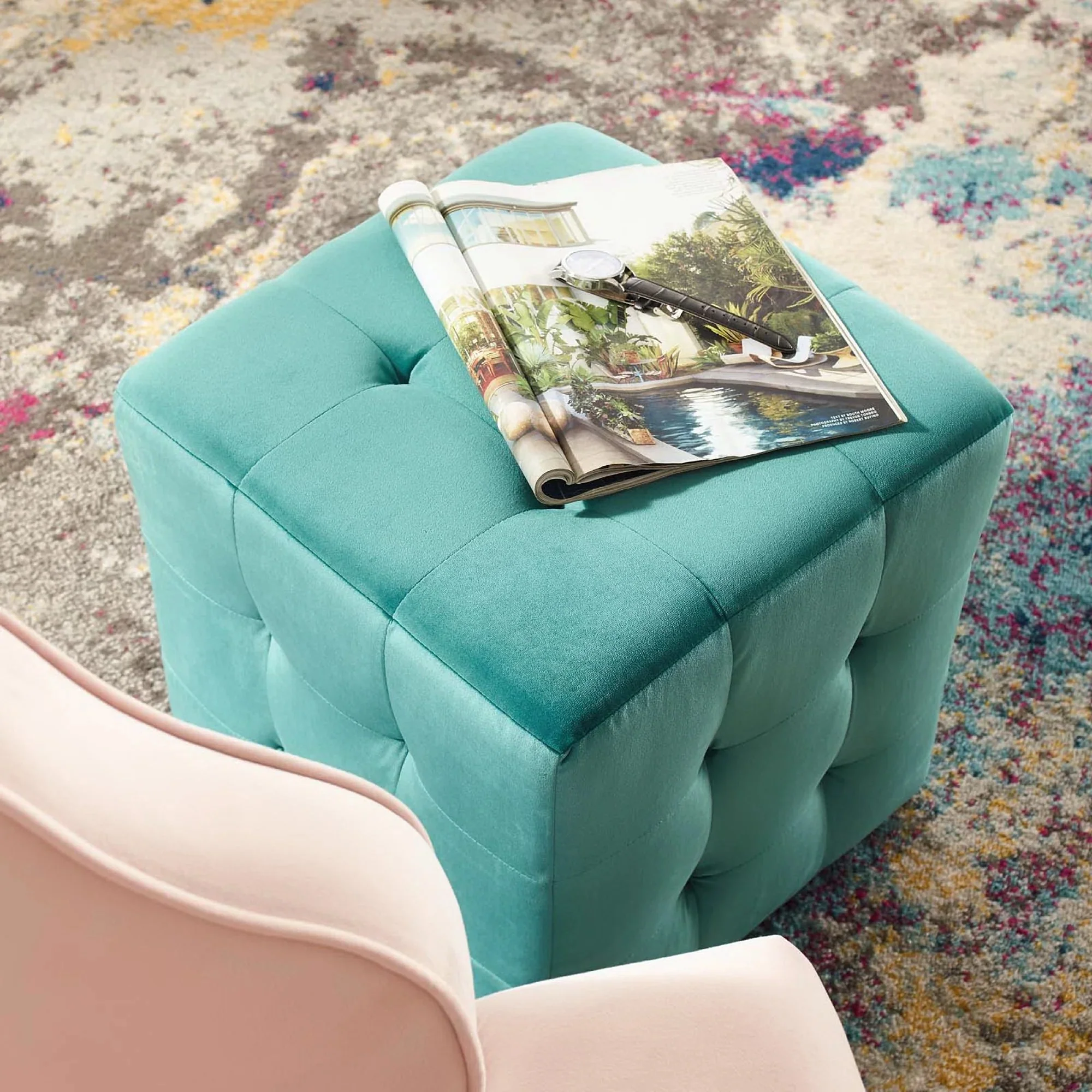 Tufted Cube Velvet Ottoman – 15 Inch Upholstered - Image 28