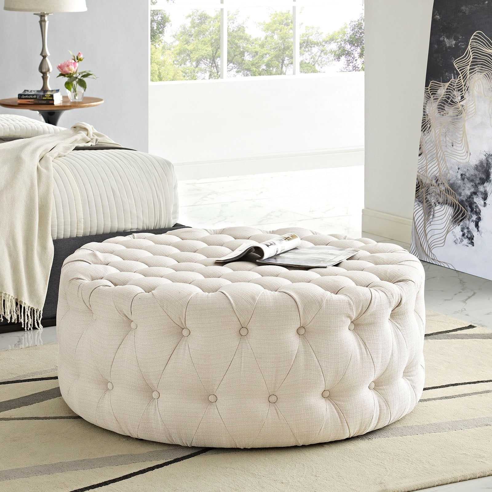 Tufted Round Fabric Upholstered Ottoman – 40 Inch - Image 7