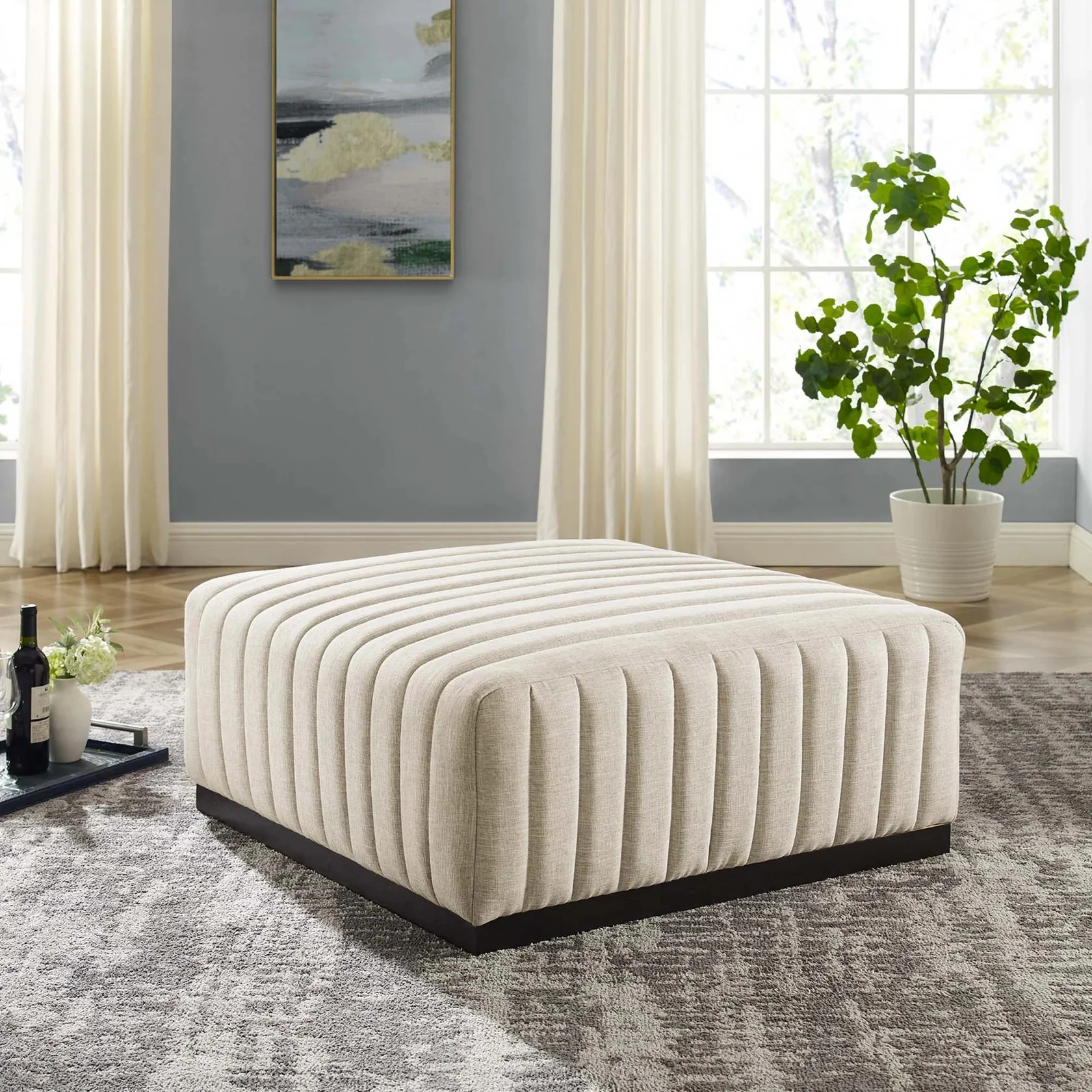 Channel Tufted Upholstered Fabric Ottoman with Black Base – 36 Inch - Image 6