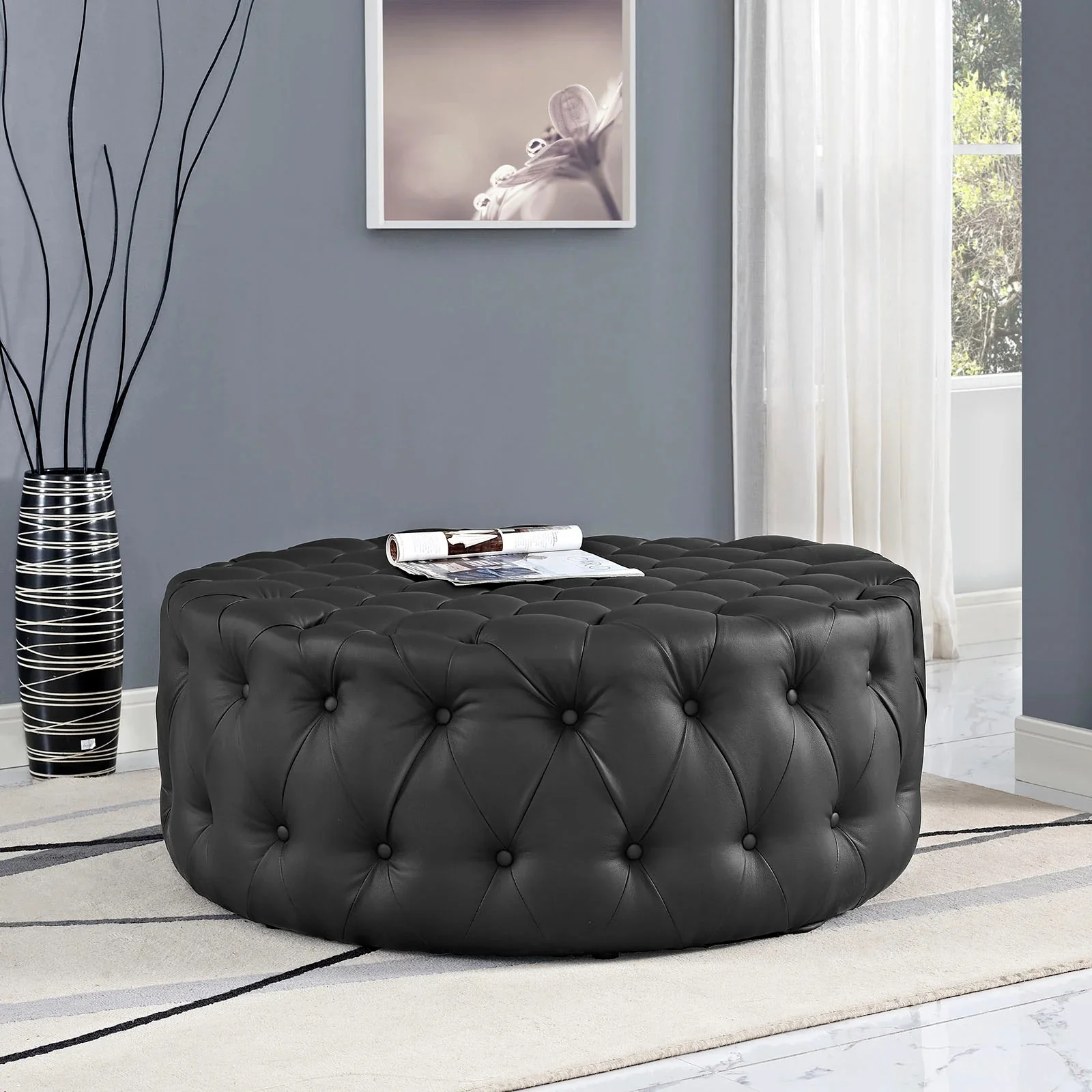 Tufted Round Vinyl Upholstered Ottoman – 40 Inch - Image 2