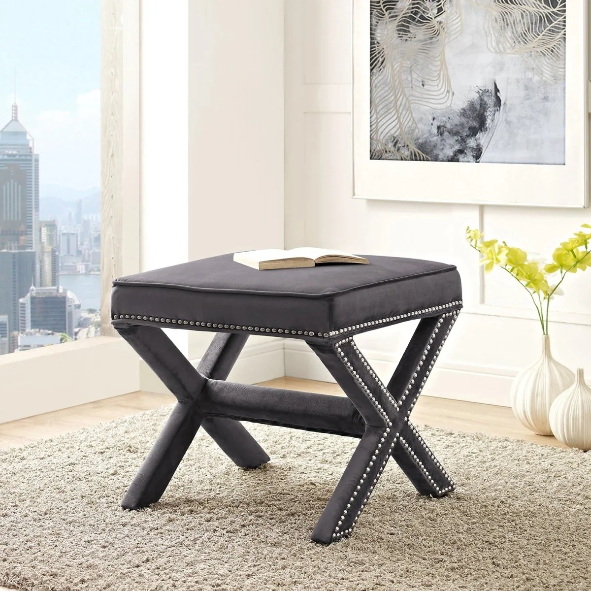 Tufted Velvet Bench Ottoman with Nailhead Trim – 20 Inch - Image 4