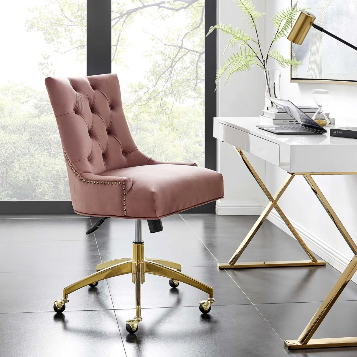 Tufted Velvet Office Chair – Swivel Design, Upholstered Accent with Metal Base - Image 29