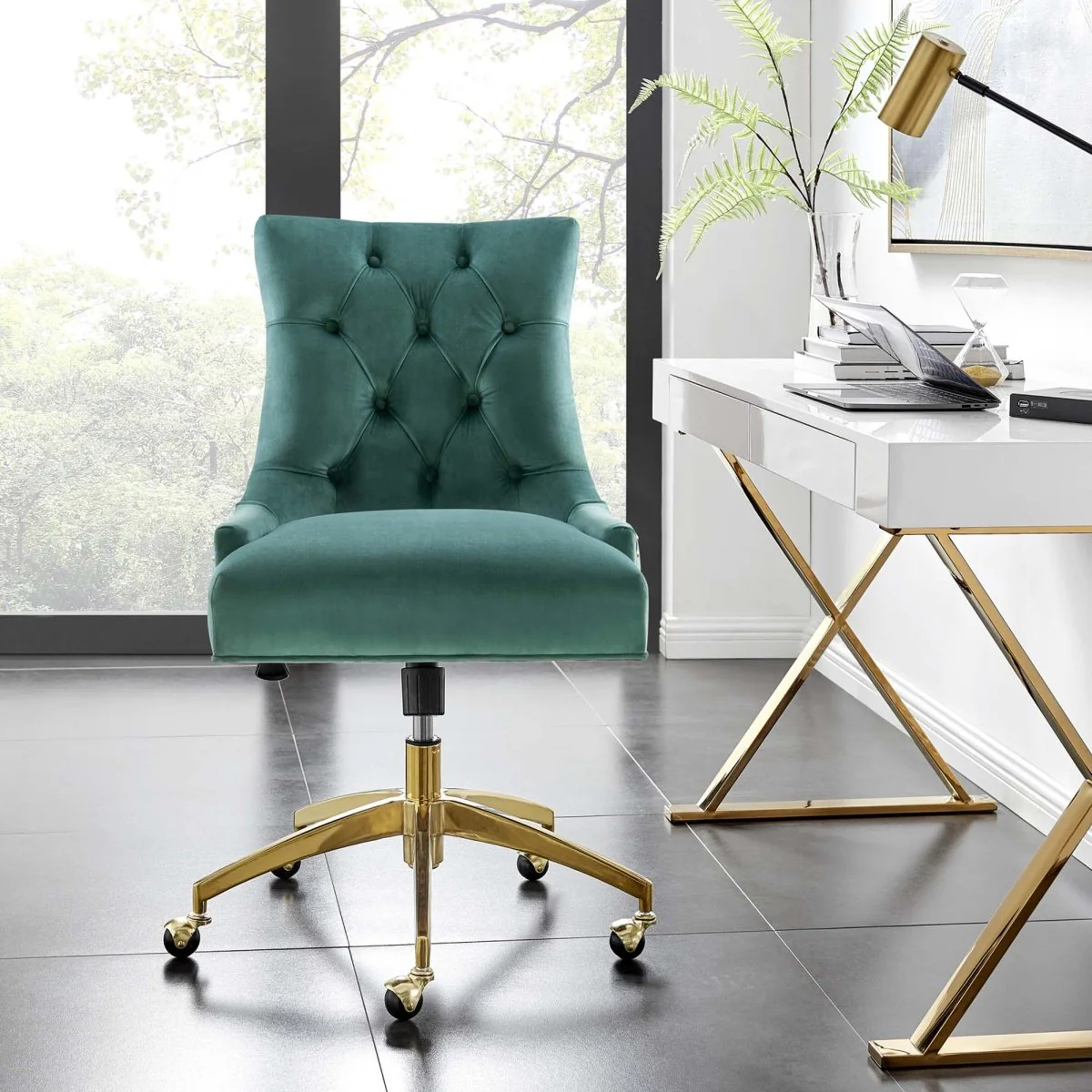 Tufted Velvet Office Chair – Swivel Design, Upholstered Accent with Metal Base - Image 9
