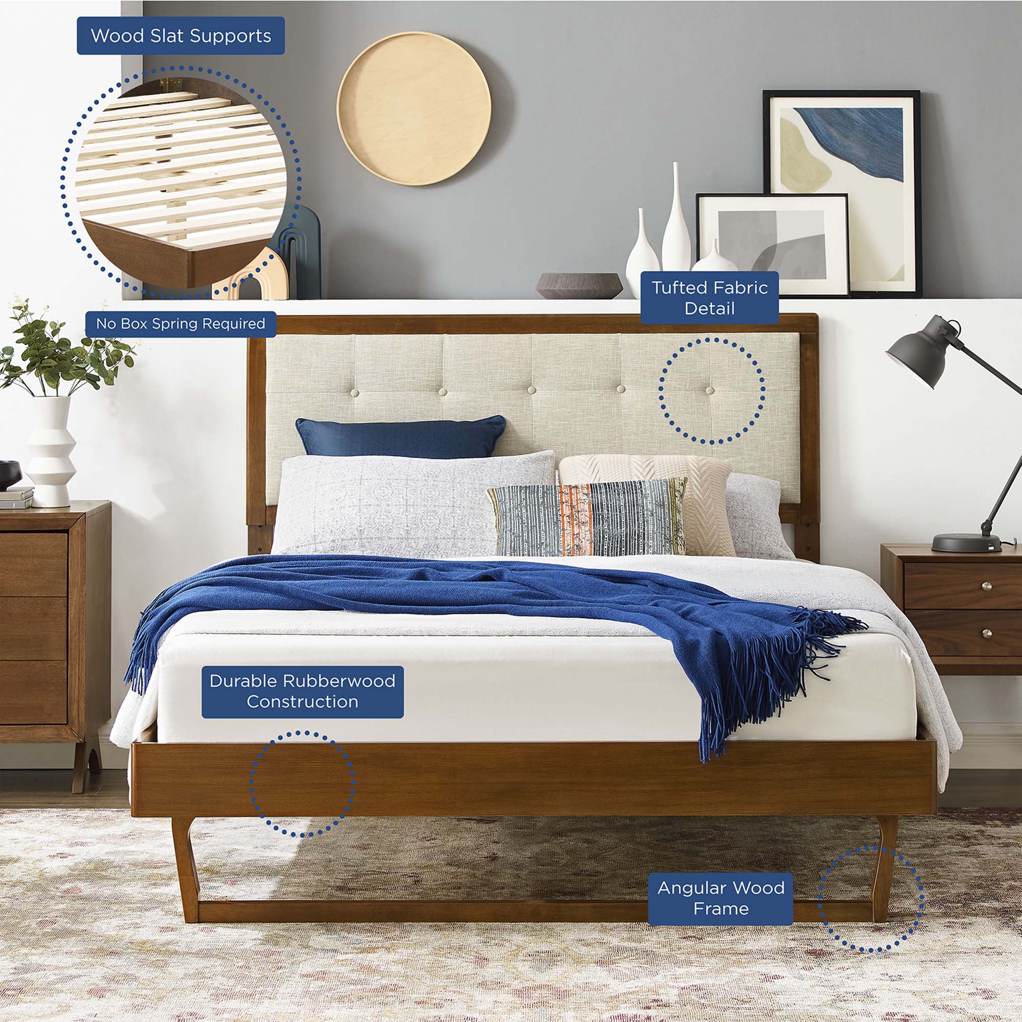 Tufted Wood Platform Bed with Angular Frame - Image 19