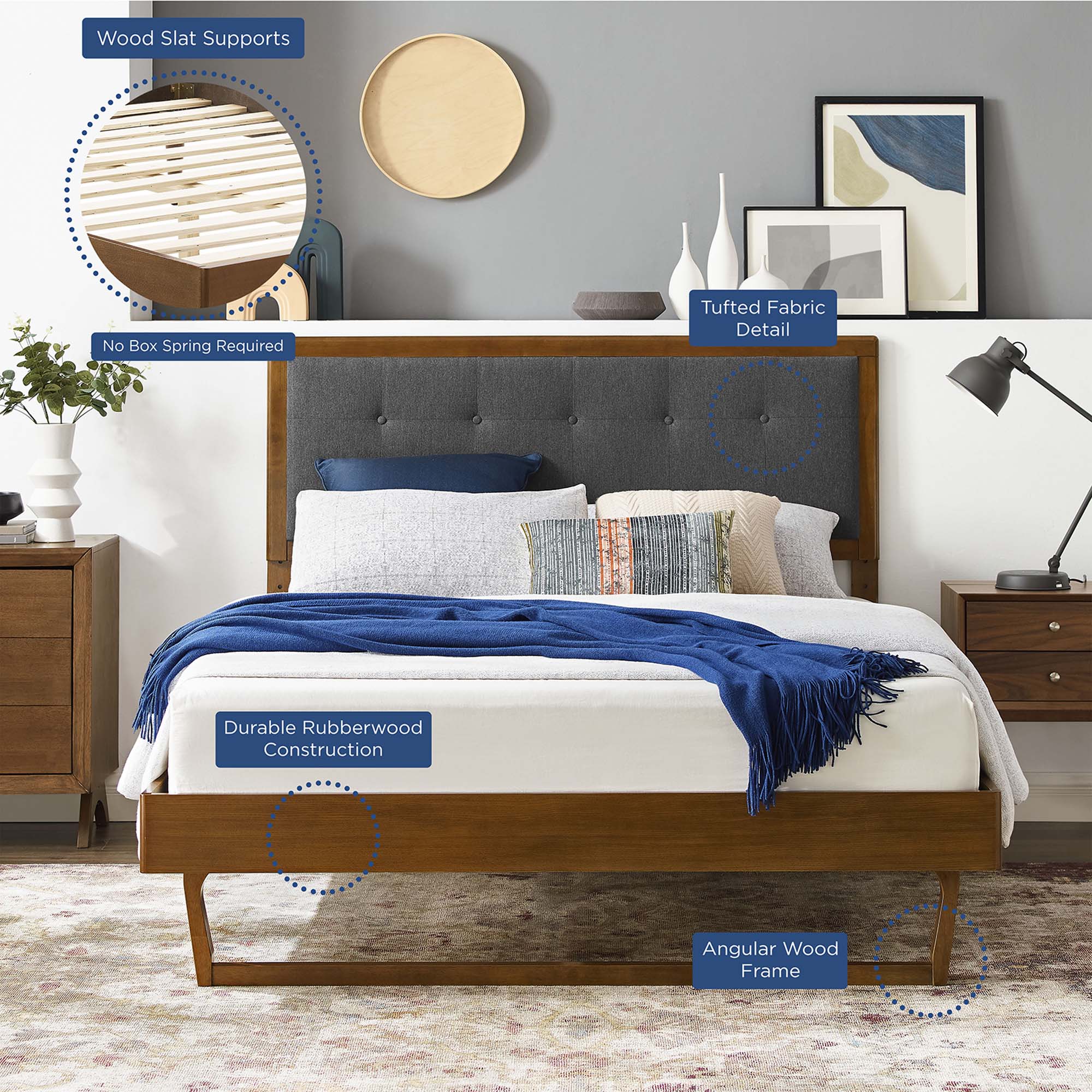 Tufted Wood Platform Bed with Angular Frame - Image 34