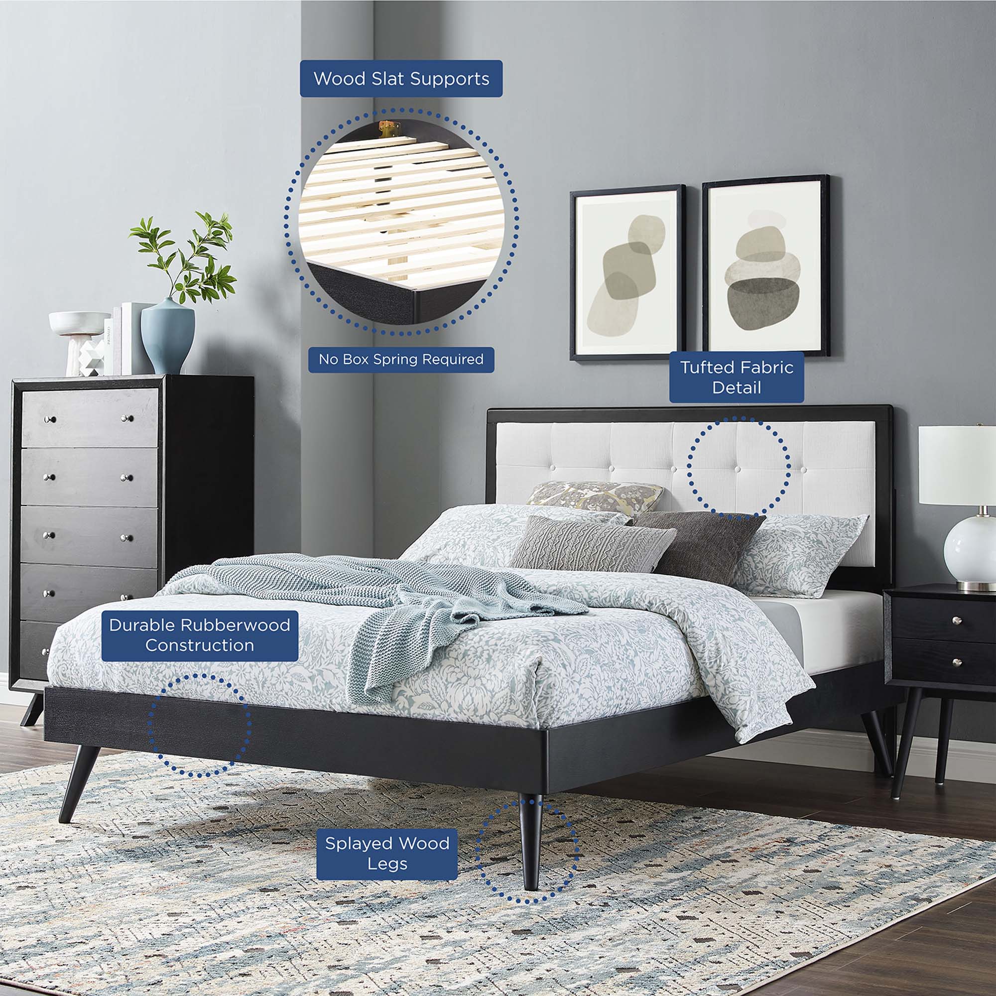 Tufted Wood Platform Bed with Splayed Legs - Image 58