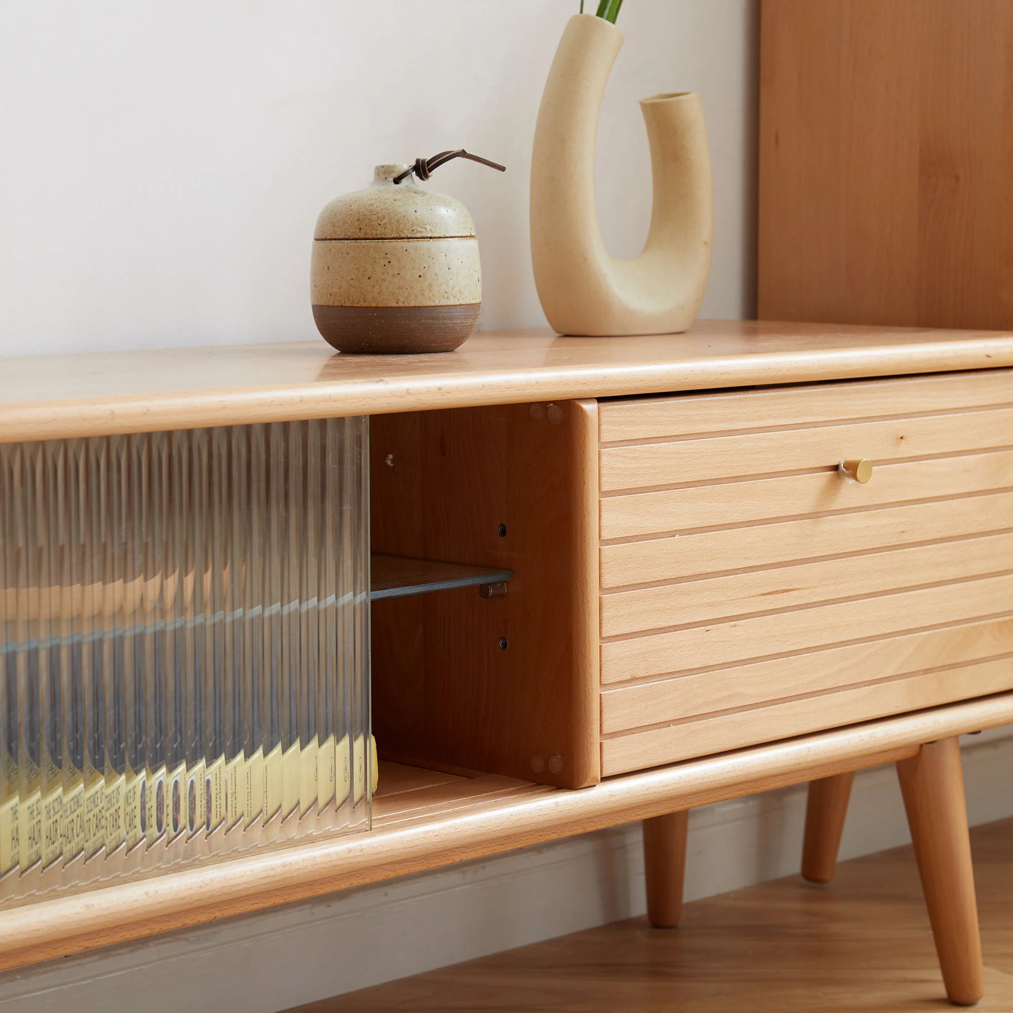 TV Cabinet With Chinese Changhong Glass Doors, Two Drawer Storage Space TV Standing - Image 3