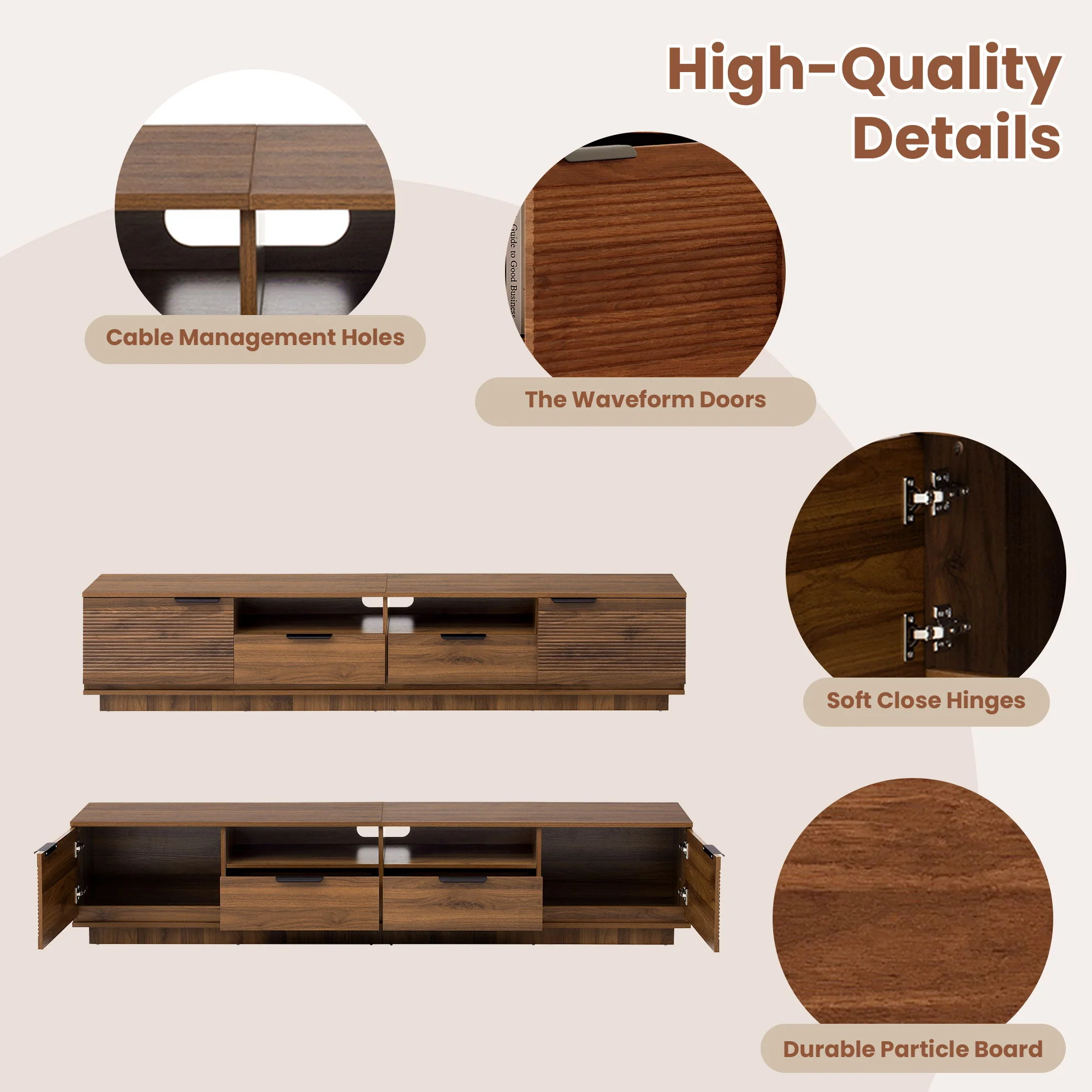 TV Stand, Entertainment Center With Deep Drawers, Cable Management & Soft Closing Hinges - Image 2