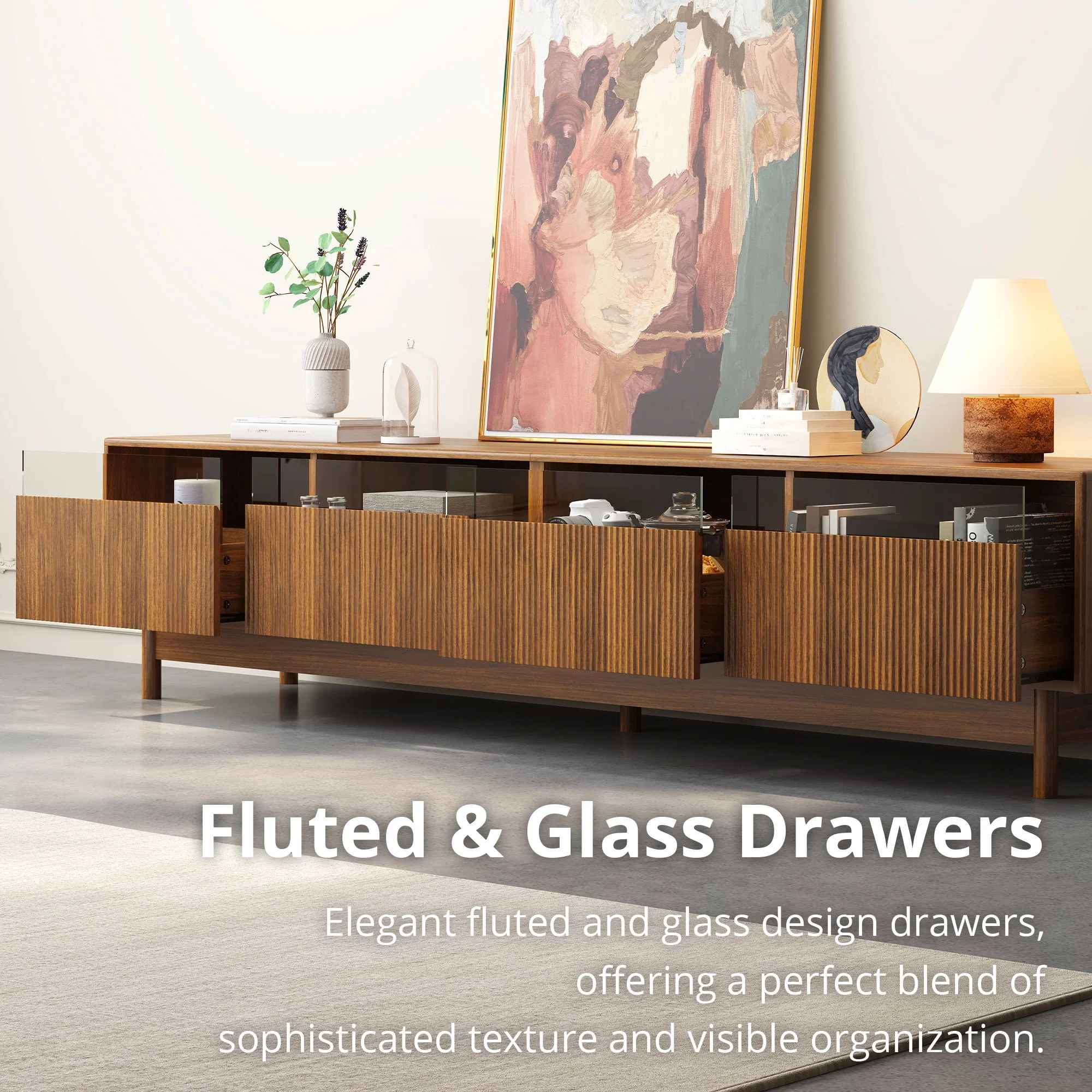 TV Stand, Entertainment Center With Fluted Drawers For Living Room - Walnut - Image 2