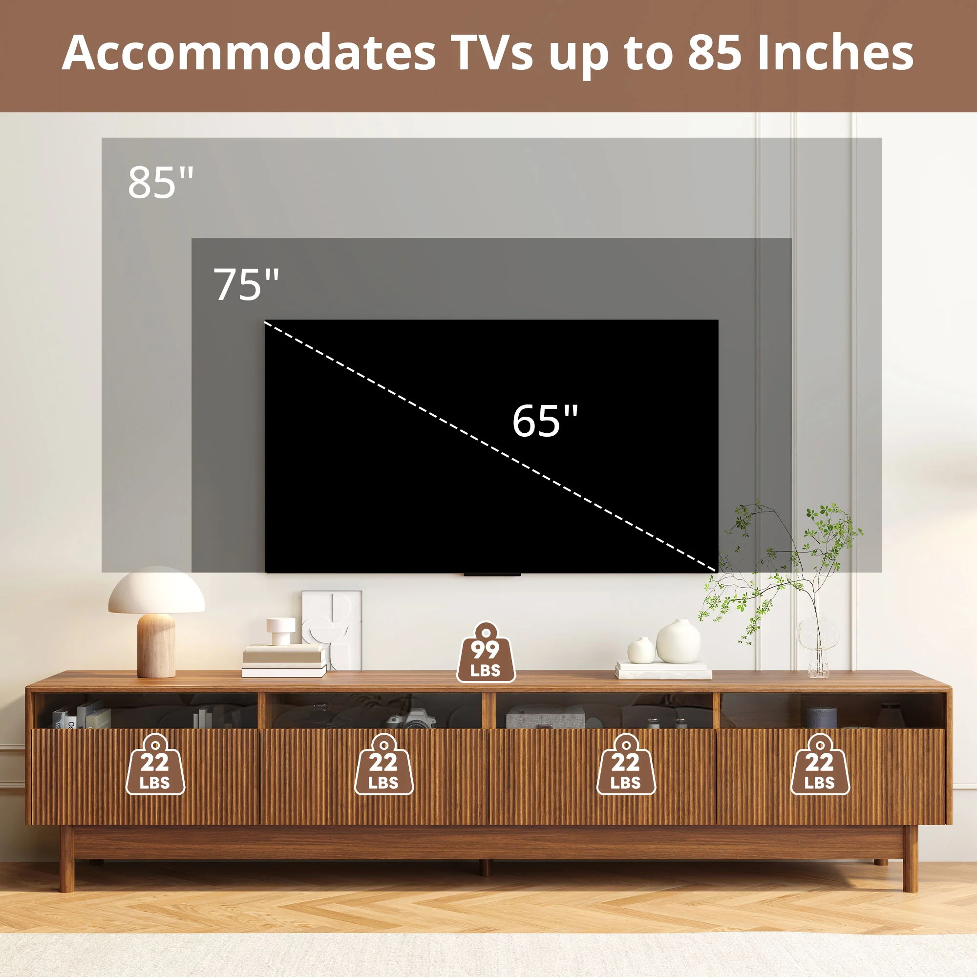 TV Stand, Entertainment Center With Fluted Drawers For Living Room - Walnut - Image 3