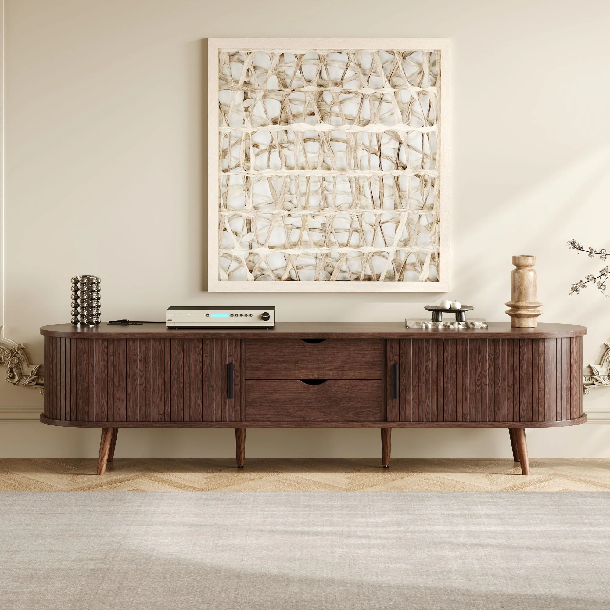 TV Stand For 70" TV, Console With Tambour Doors, Drawers And Built In Power Outlet - Dark Brown - Image 4