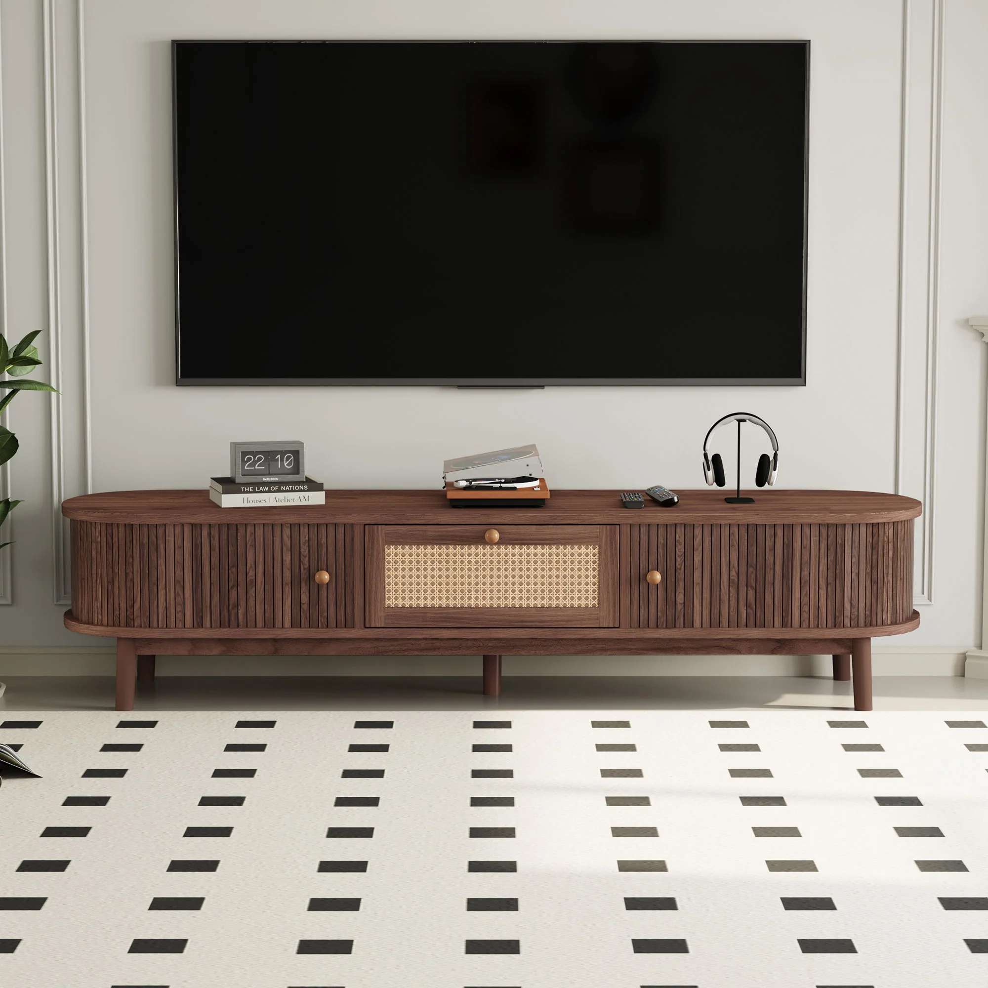 TV Stand For 75" TVs With Drawer, 1 Drawer And 2 Sliding-Door Cabinets - Dark Brown - Image 4