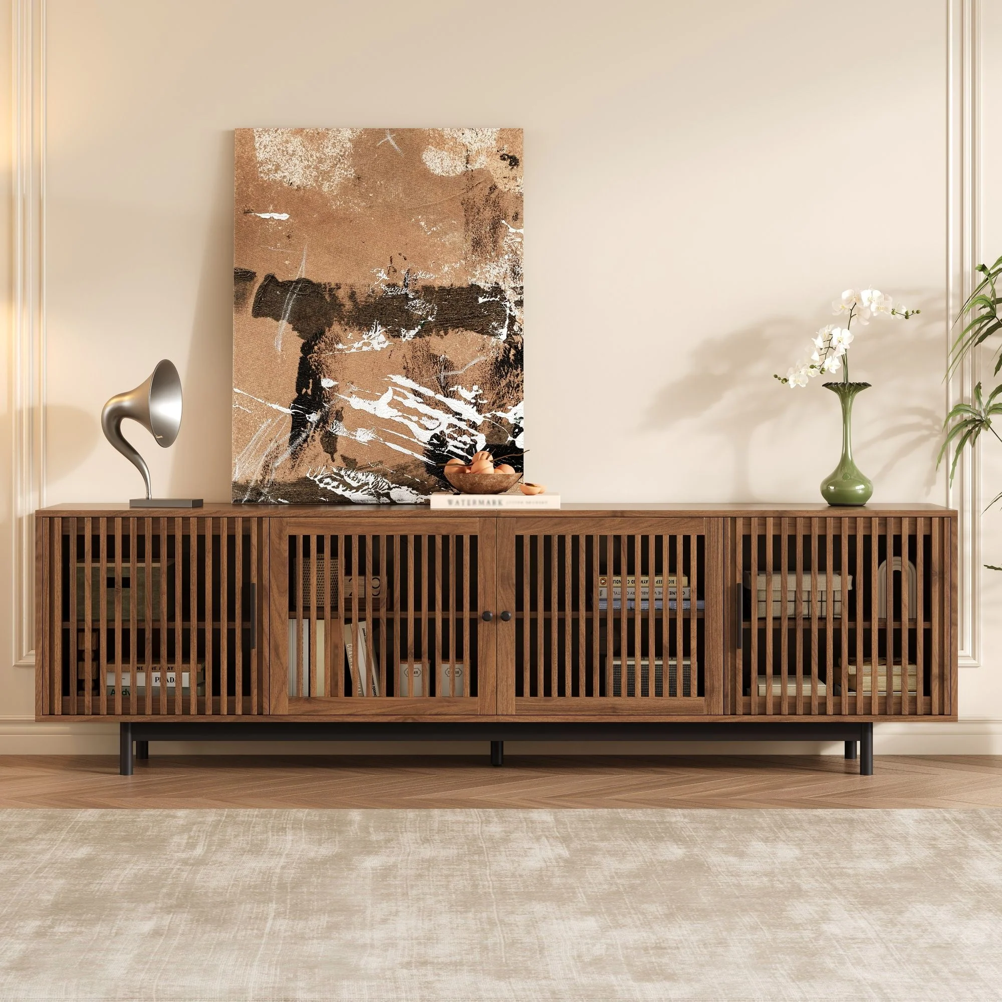 TV Stand For TVs, Entertainment Center With Closed Storage & Cable Management, Soft Closing Hinges - Walnut - Image 8