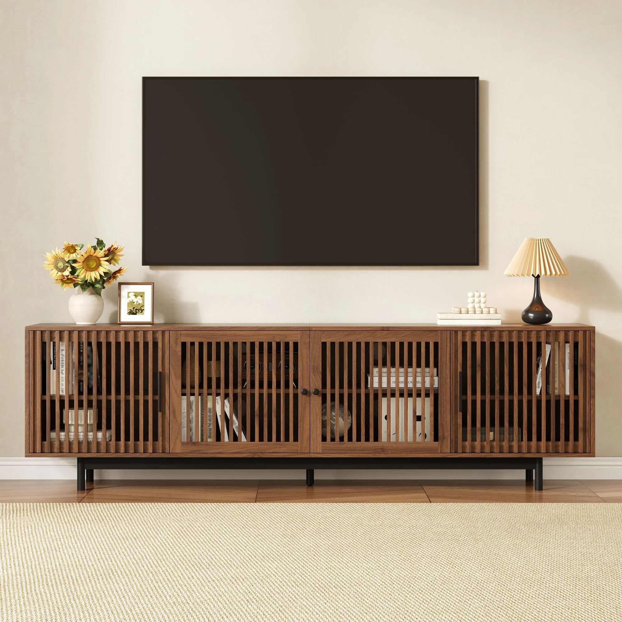 TV Stand For TVs, Entertainment Center With Closed Storage & Cable Management, Soft Closing Hinges - Walnut - Image 9